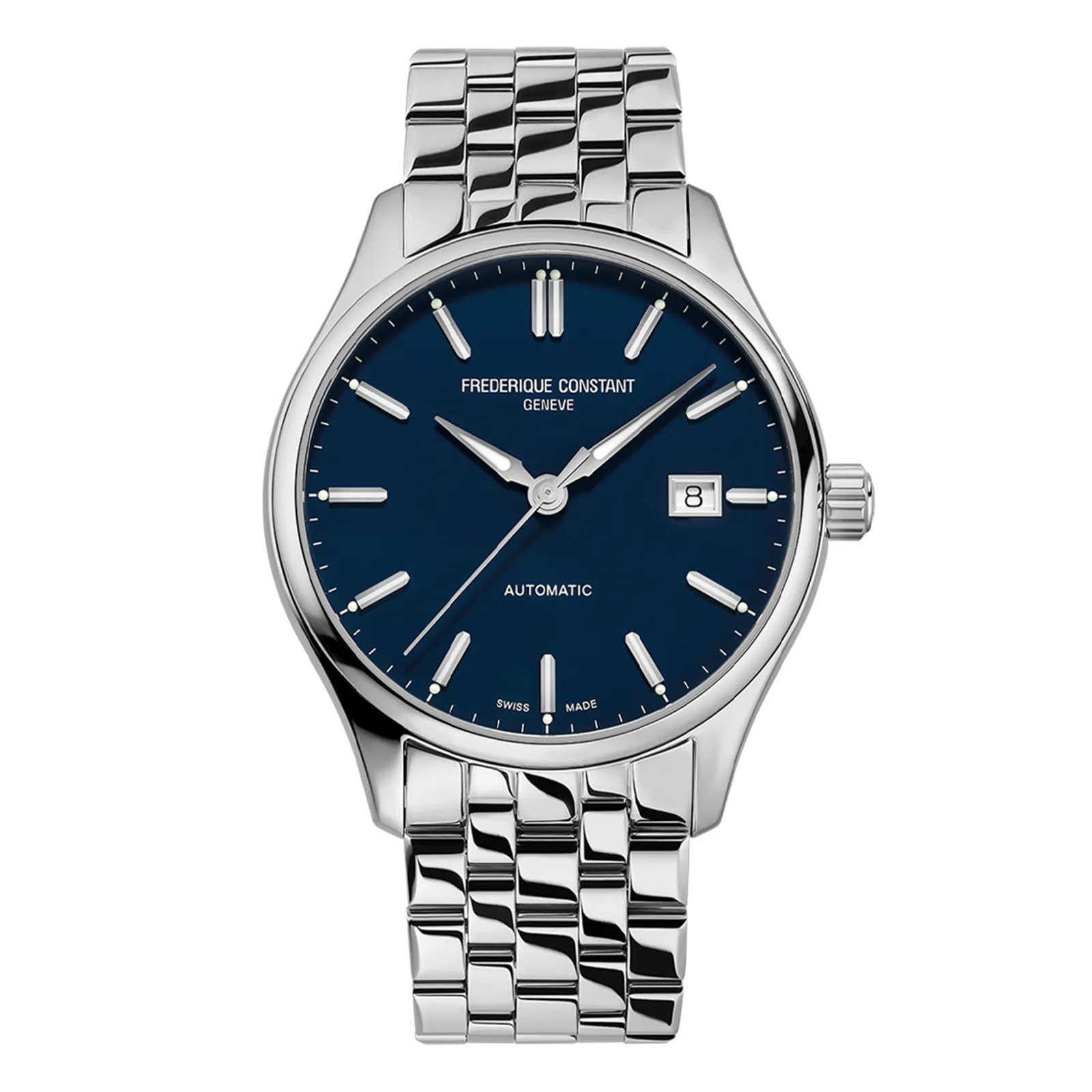 Front view of Frederique Constant automatic watch with a navy blue dial and stainless steel multi-link bracelet.