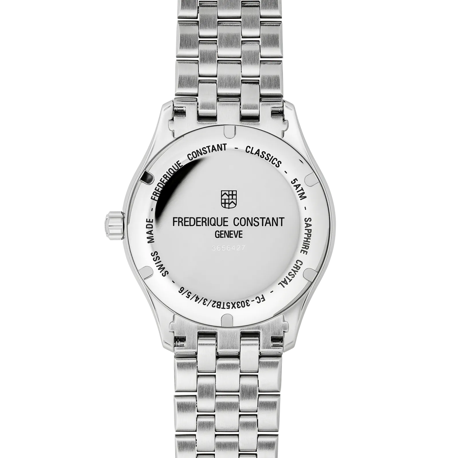 Rear view of the watch featuring a solid stainless steel case back and engraved brand logo.