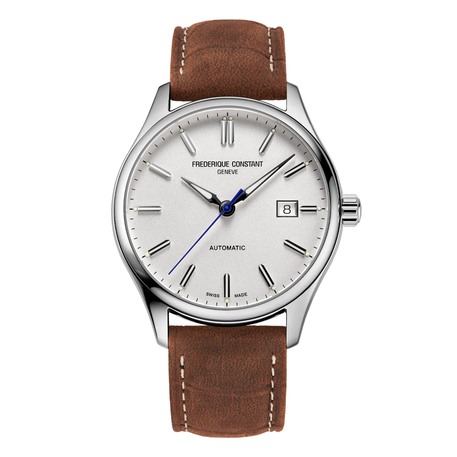 Front view of Frederique Constant automatic watch with silver dial, blue seconds hand, and brown leather strap.