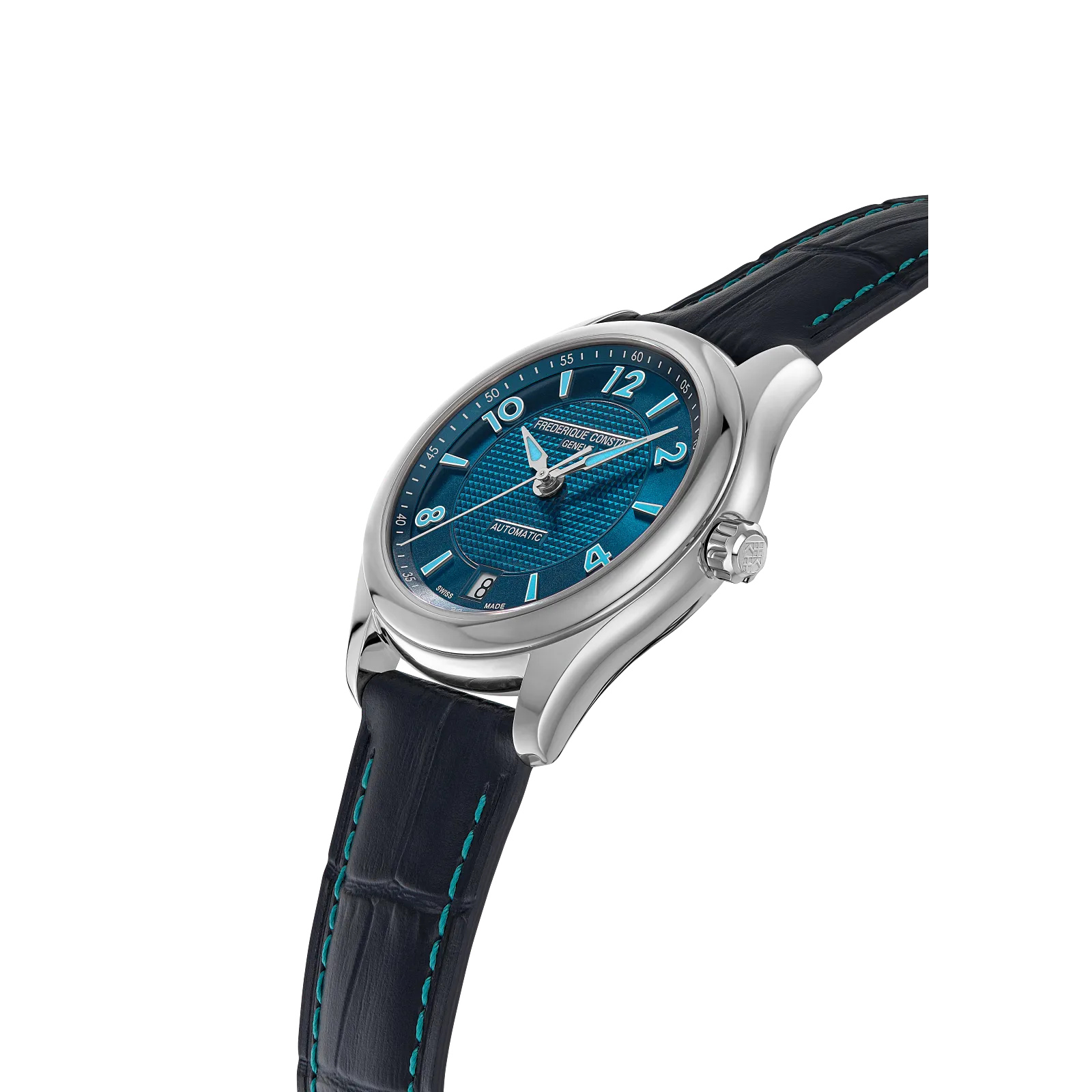 Side angle of a polished stainless steel round watch highlighting the curved lugs and the navy blue crocodile-pattern leather band.