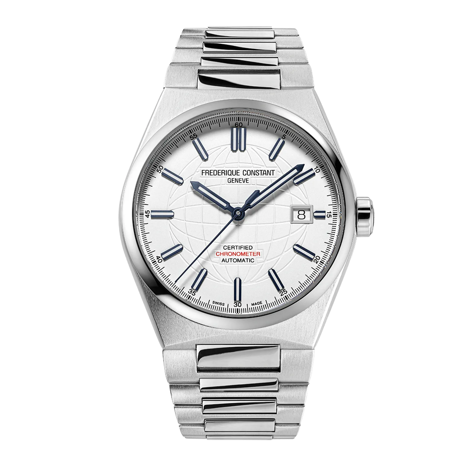 Frederique Constant Highlife watch, white dial with blue indices and steel bracelet.