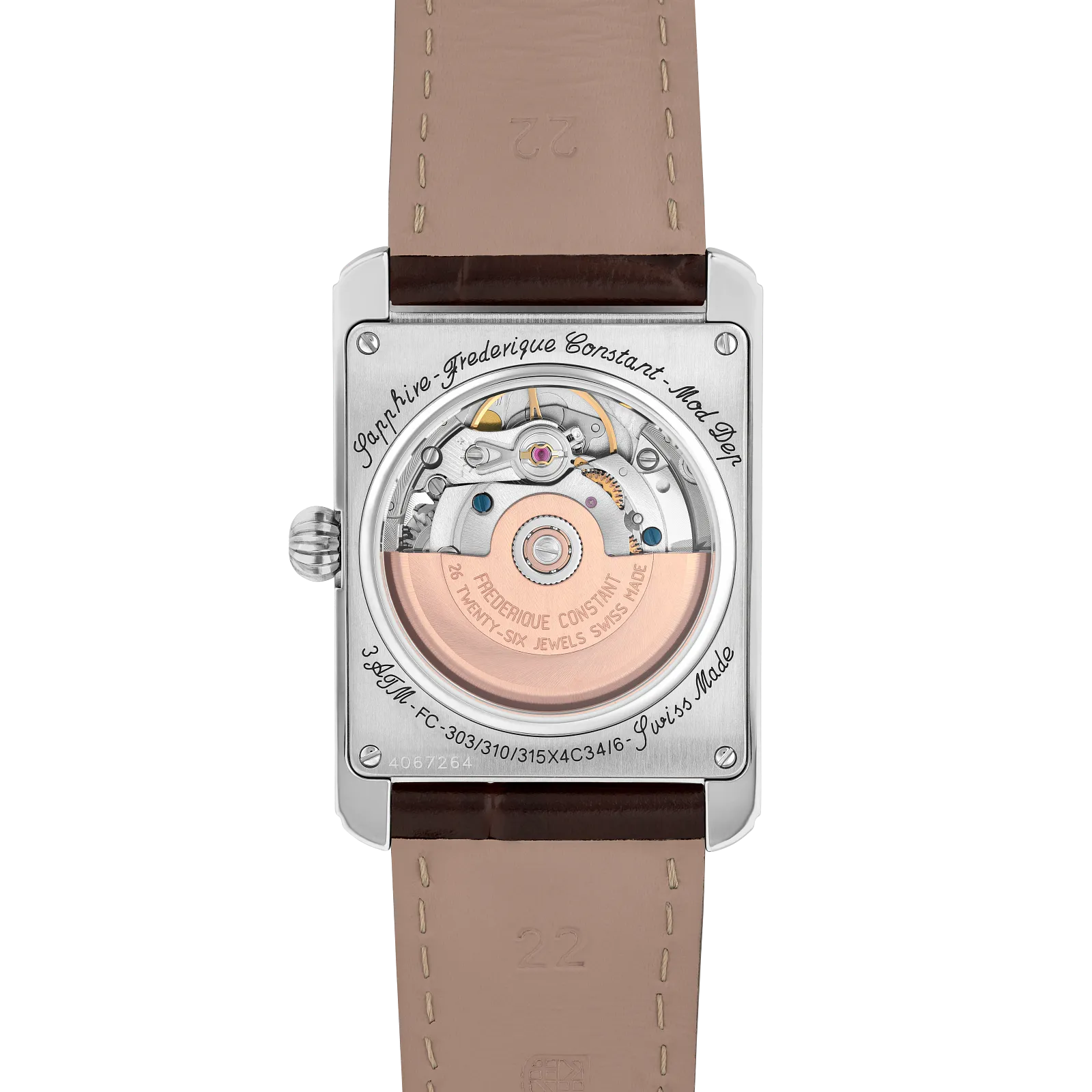 Exhibition caseback showing the automatic movement with a tan strap lining.