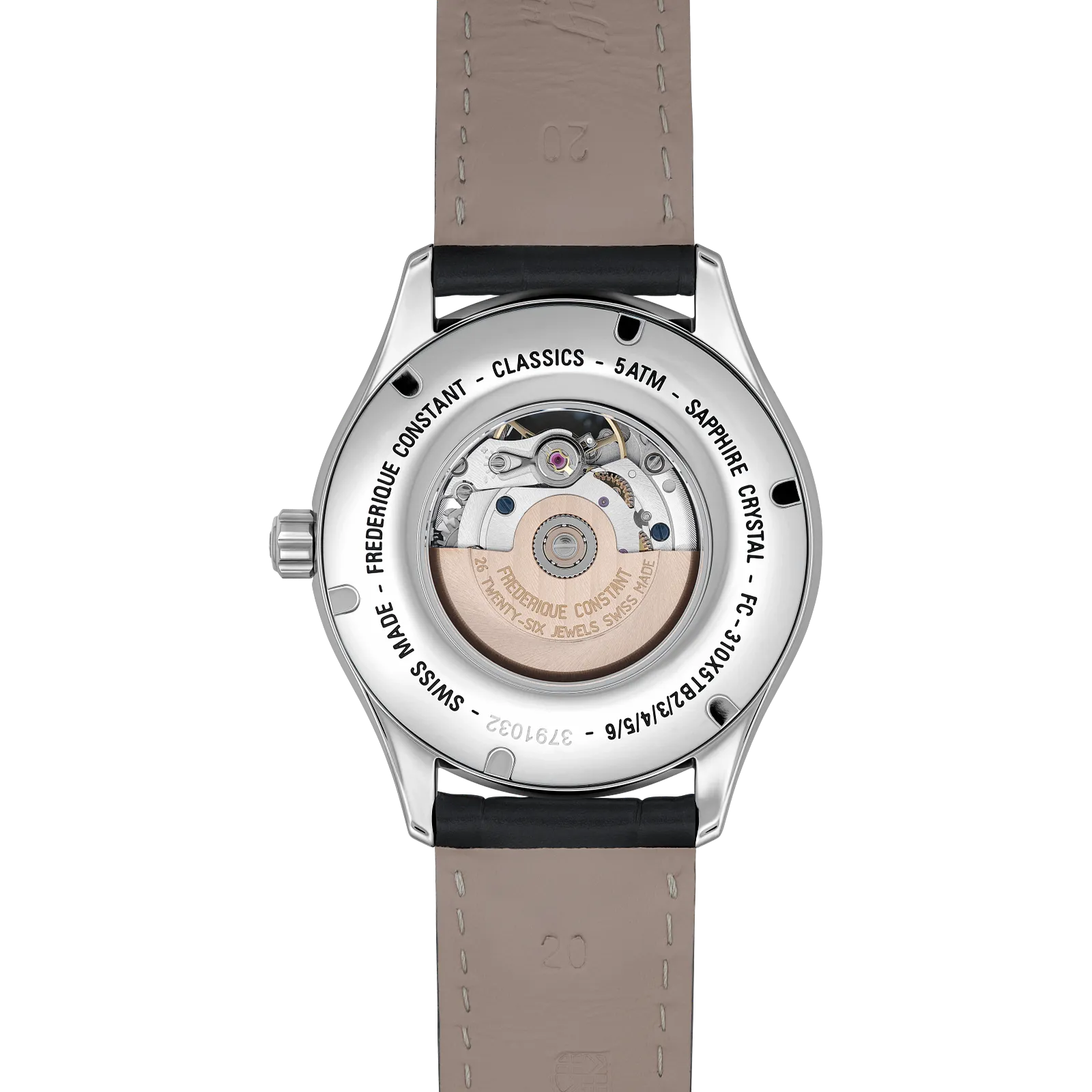 Rear view showing the watch's internal movement through the clear case back.