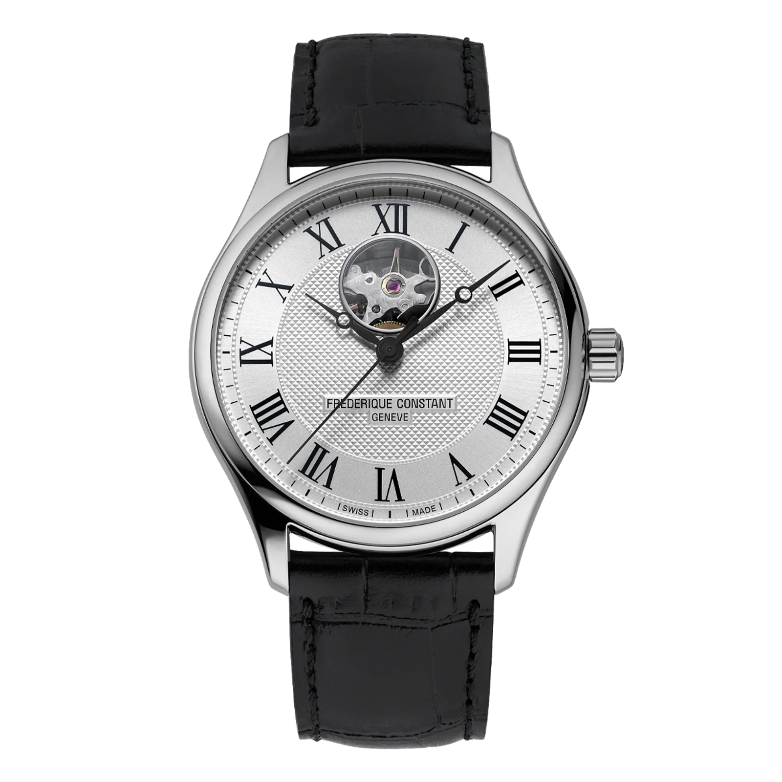 Front view of Frederique Constant watch with silver dial and black leather strap.
