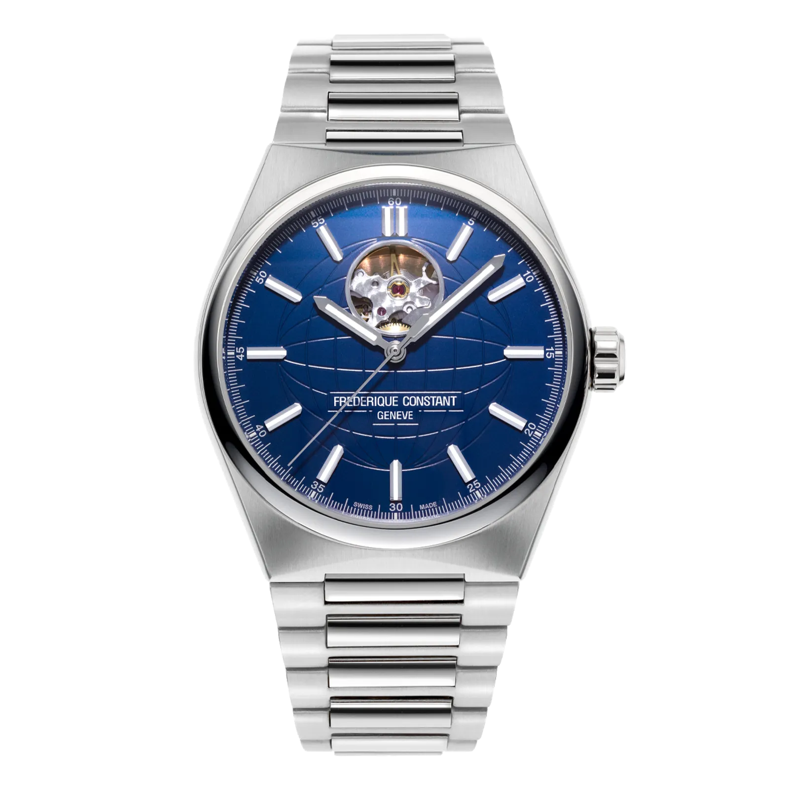 Silver automatic watch with an open-heart blue dial and integrated steel bracelet