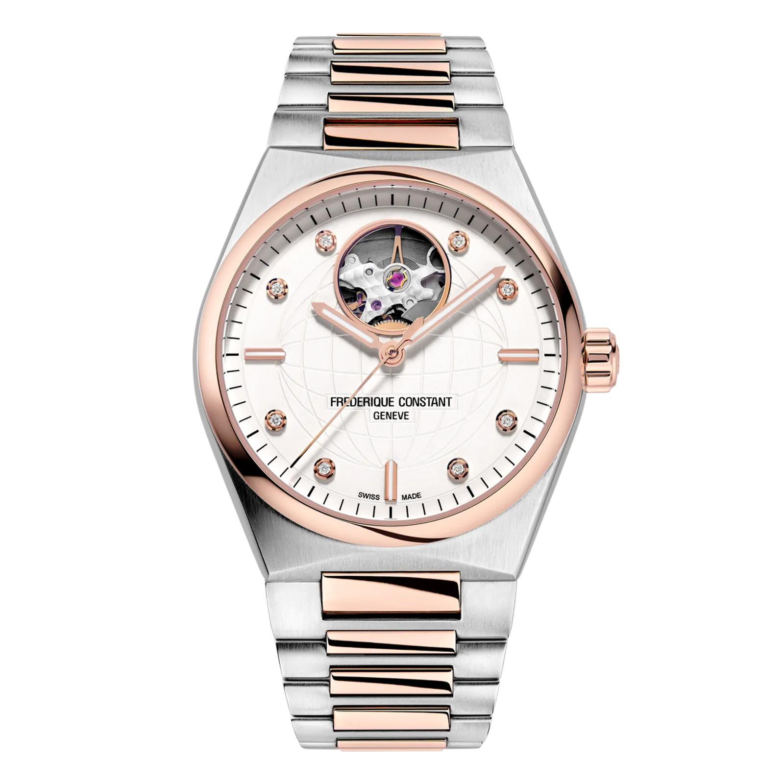 Two-tone silver and rose gold watch with an open-heart dial aperture, diamond markers, and an integrated link bracelet.