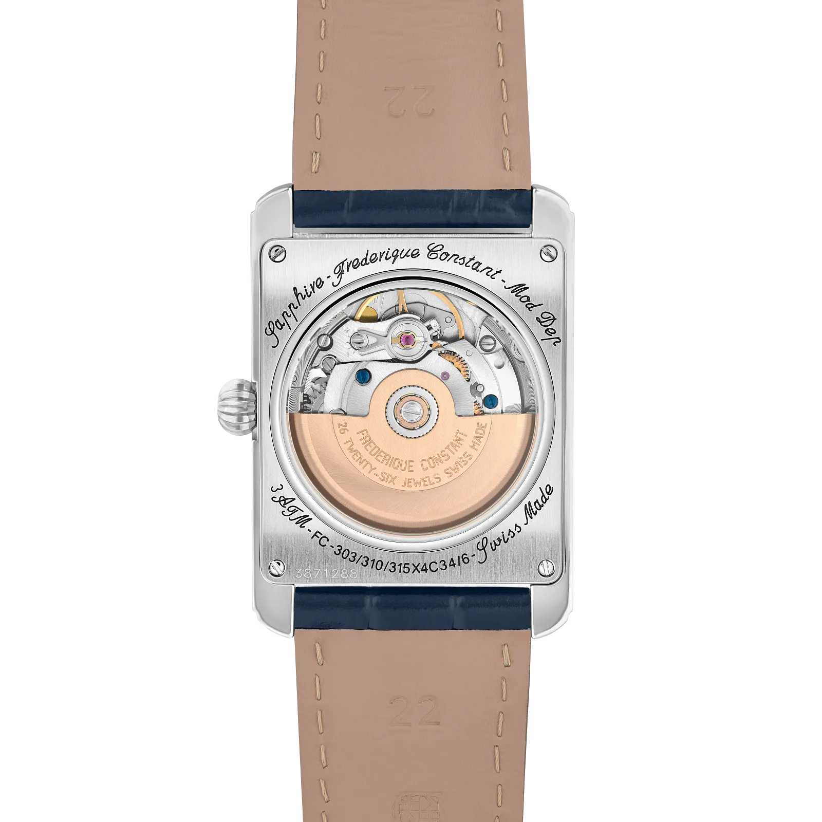 Exhibition case back showing the automatic movement with a rose gold-tone rotor.