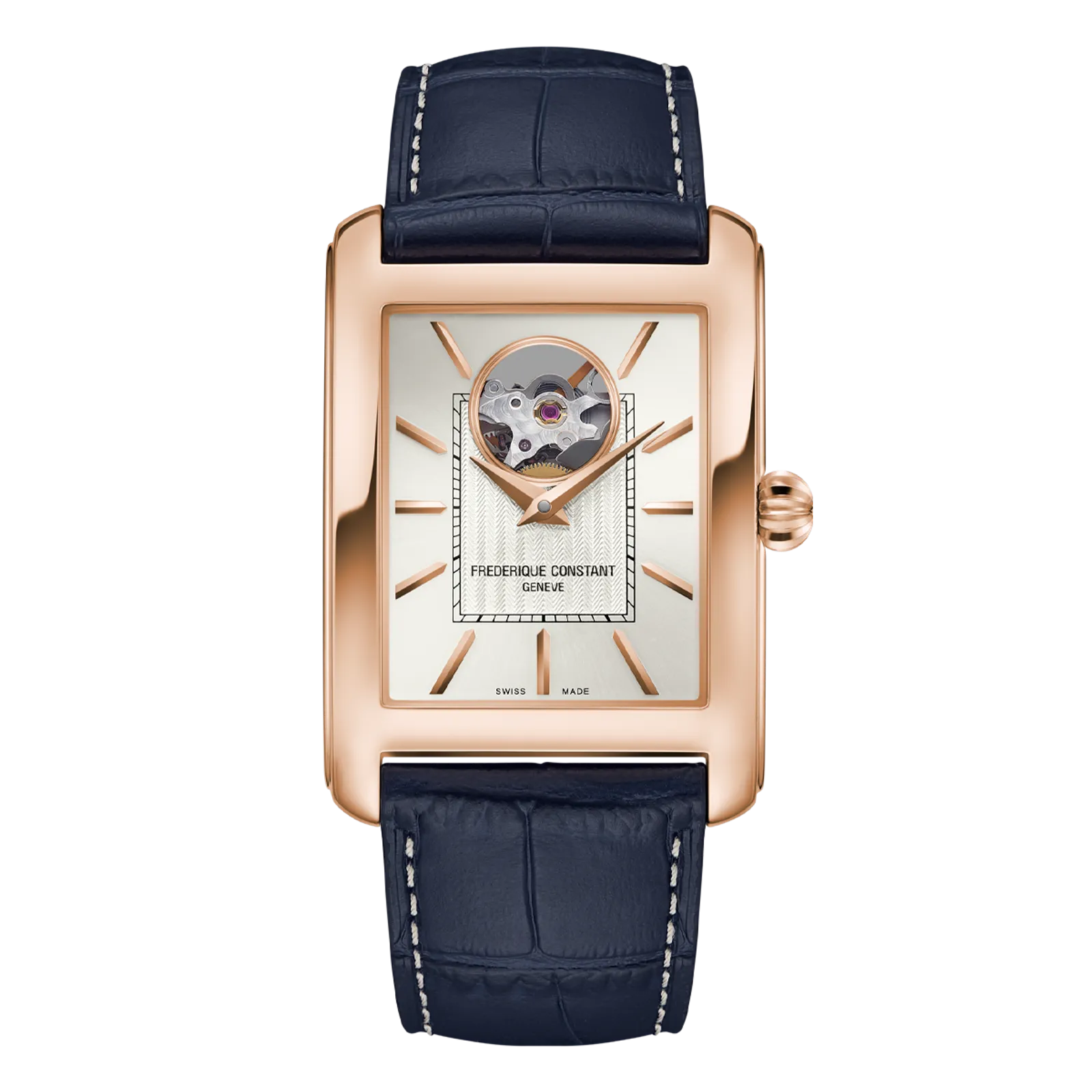 Rectangular rose gold watch with an open-heart white dial and navy blue leather strap.