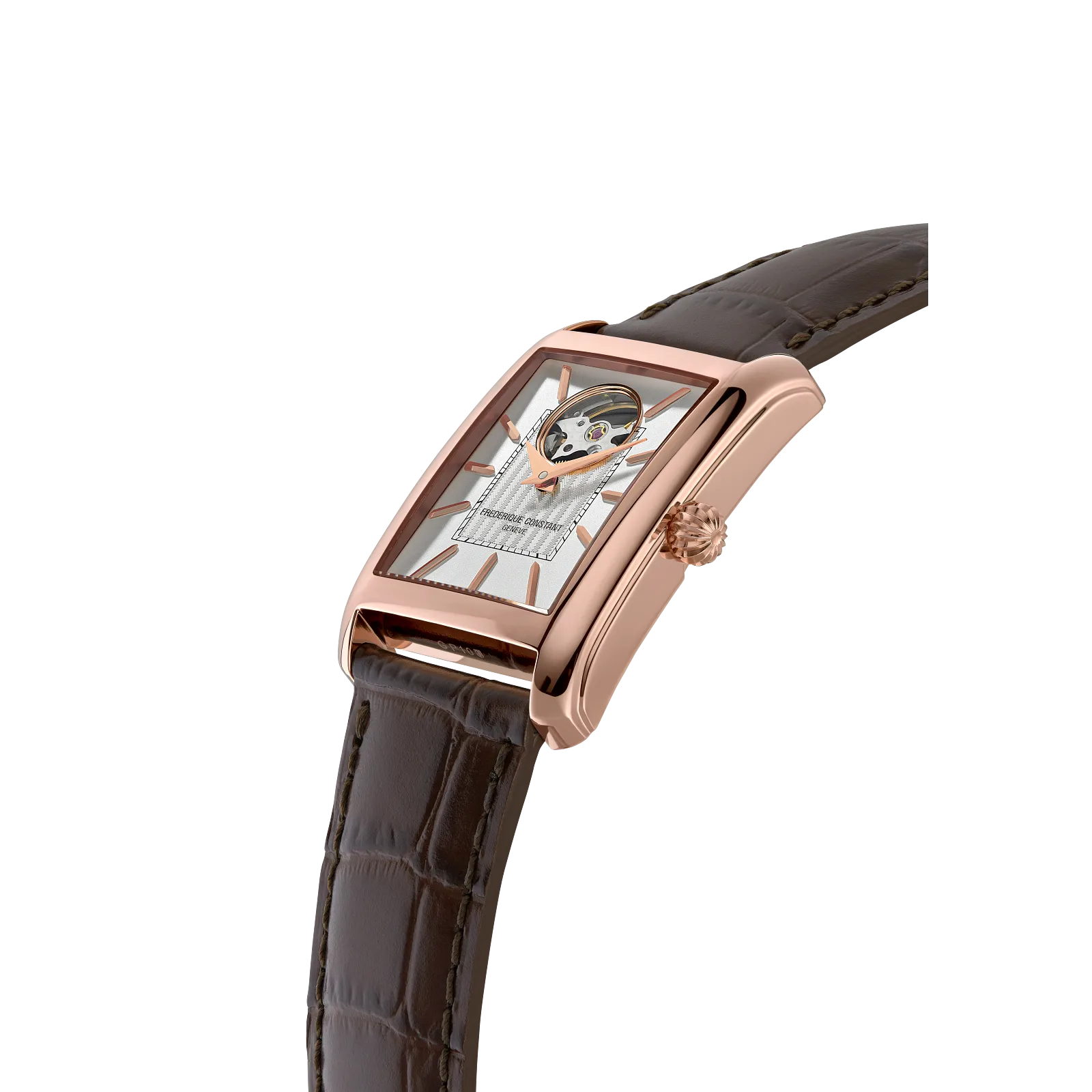 profile showing the polished rose gold case and textured brown leather.