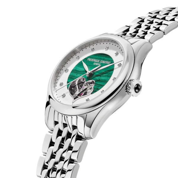 Frederique Constant Classics Ladies Double Heart Beat Green Malachite 36mm FC313MAD3B6B dial closeup side view
