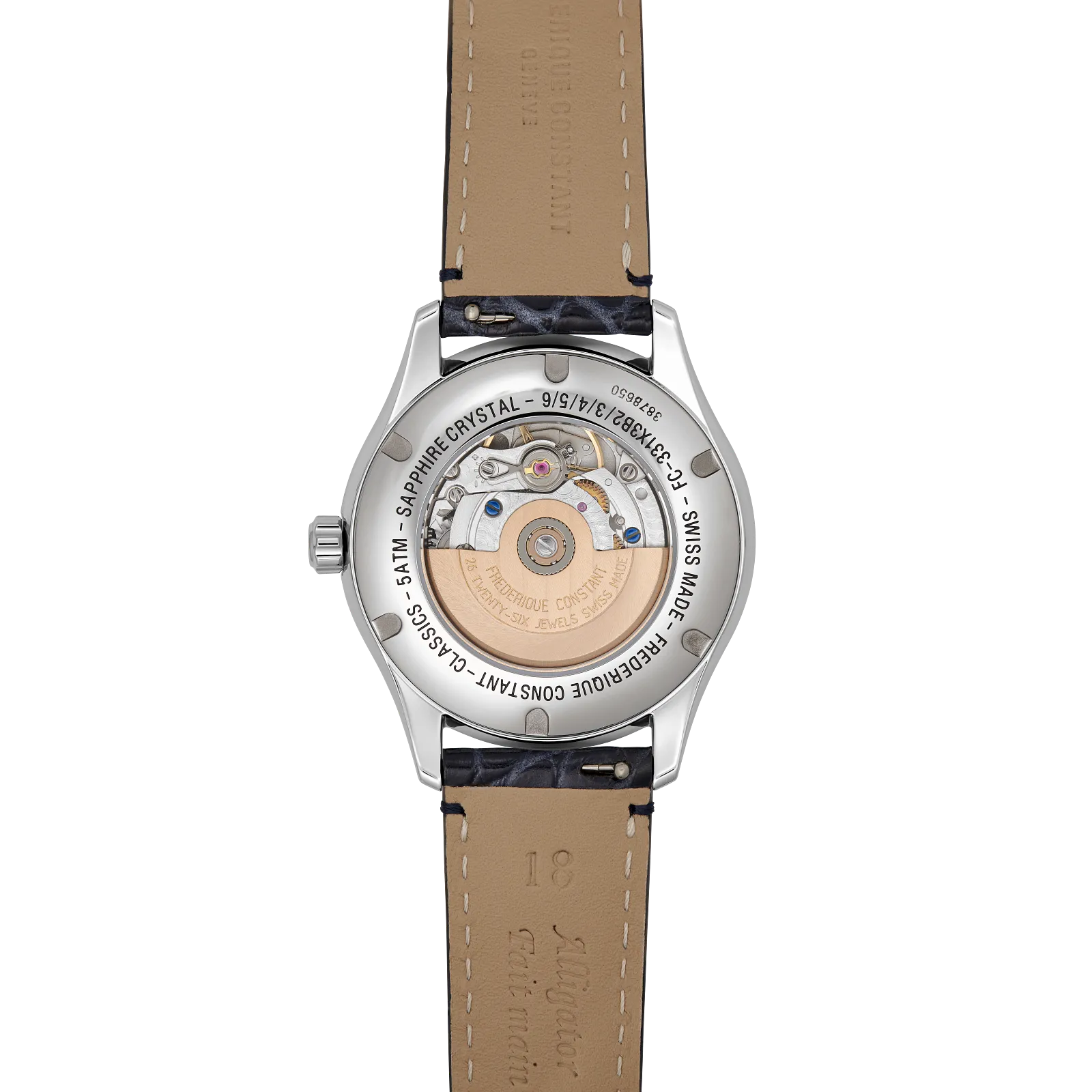 Exhibition caseback revealing the automatic movement and the tan underside of the blue leather strap.
