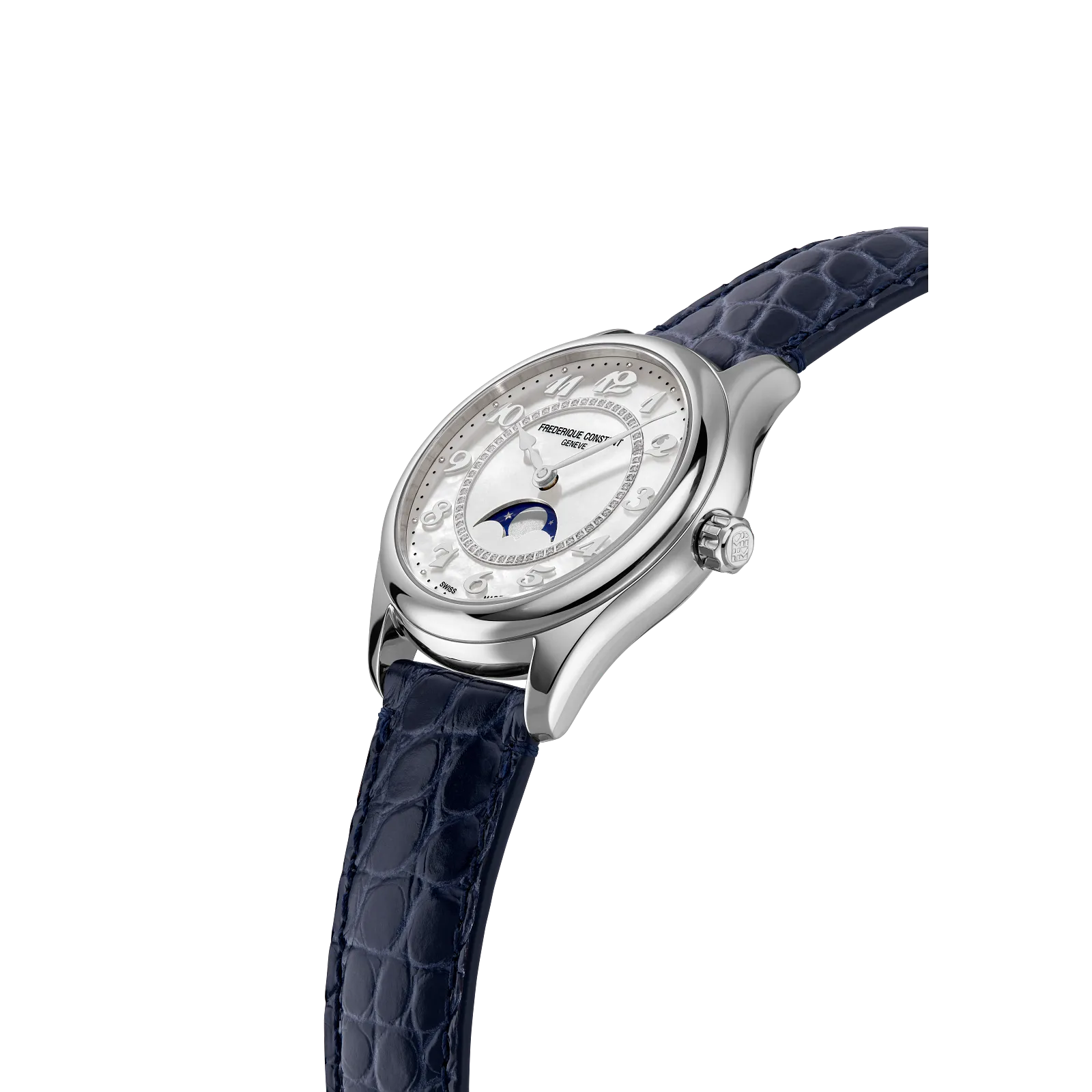 Side profile highlighting the polished silver case, the moonphase window, and the textured leather strap.