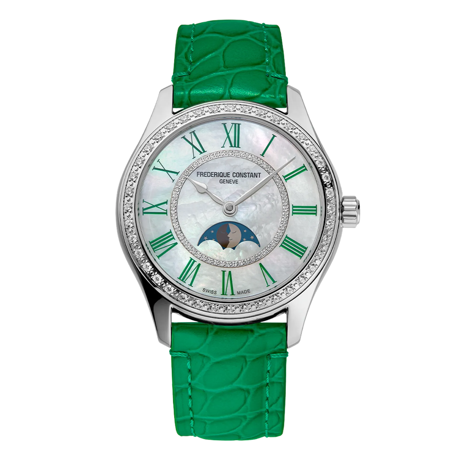 Rectangular silver watch with a diamond-set bezel, Roman numeral dial, and olive green leather strap.