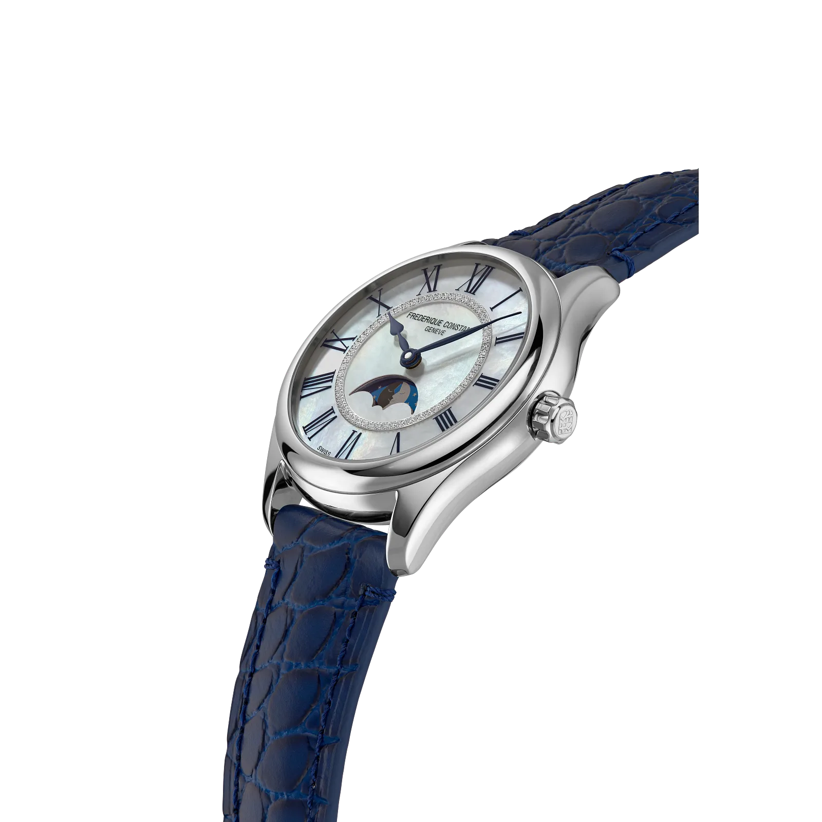 Side profile showcasing the polished silver case, moonphase window, and textured blue leather strap.