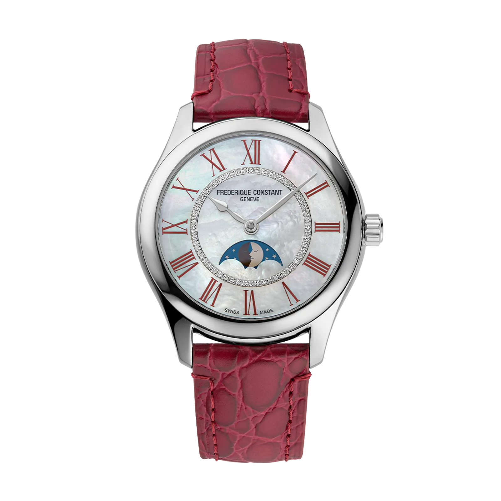 Luxury silver watch with a mother-of-pearl moonphase dial, rose-toned Roman numerals, and a burgundy crocodile leather strap.