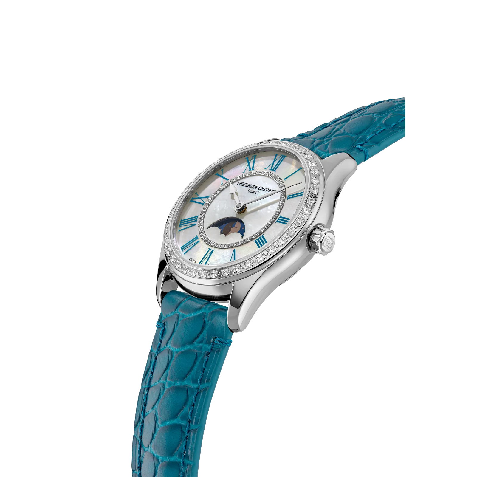 Side profile highlighting the diamond bezel, moonphase complication, and textured turquoise leather strap.