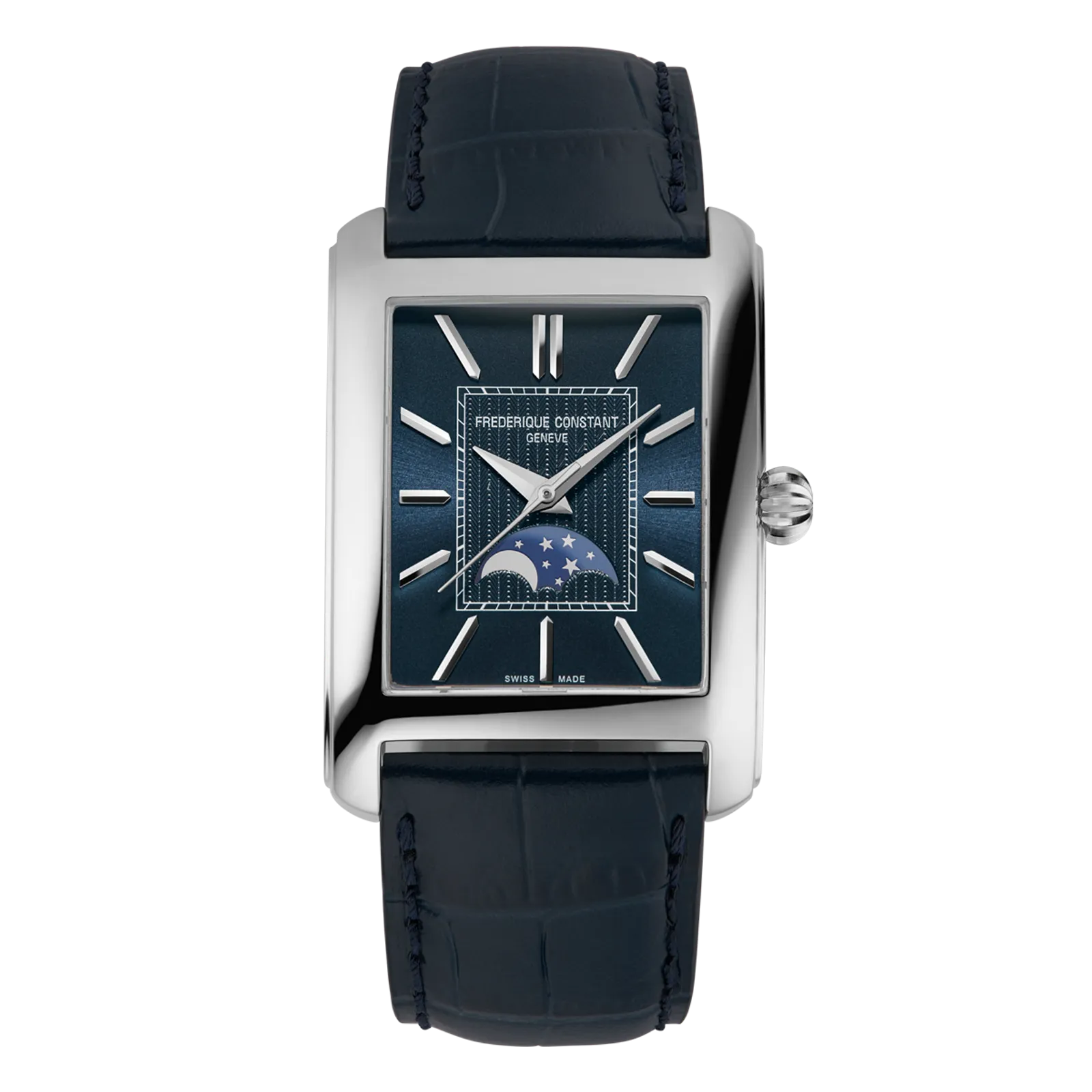 Front view of a rectangular Frederique Constant watch with a blue moonphase dial and navy strap.