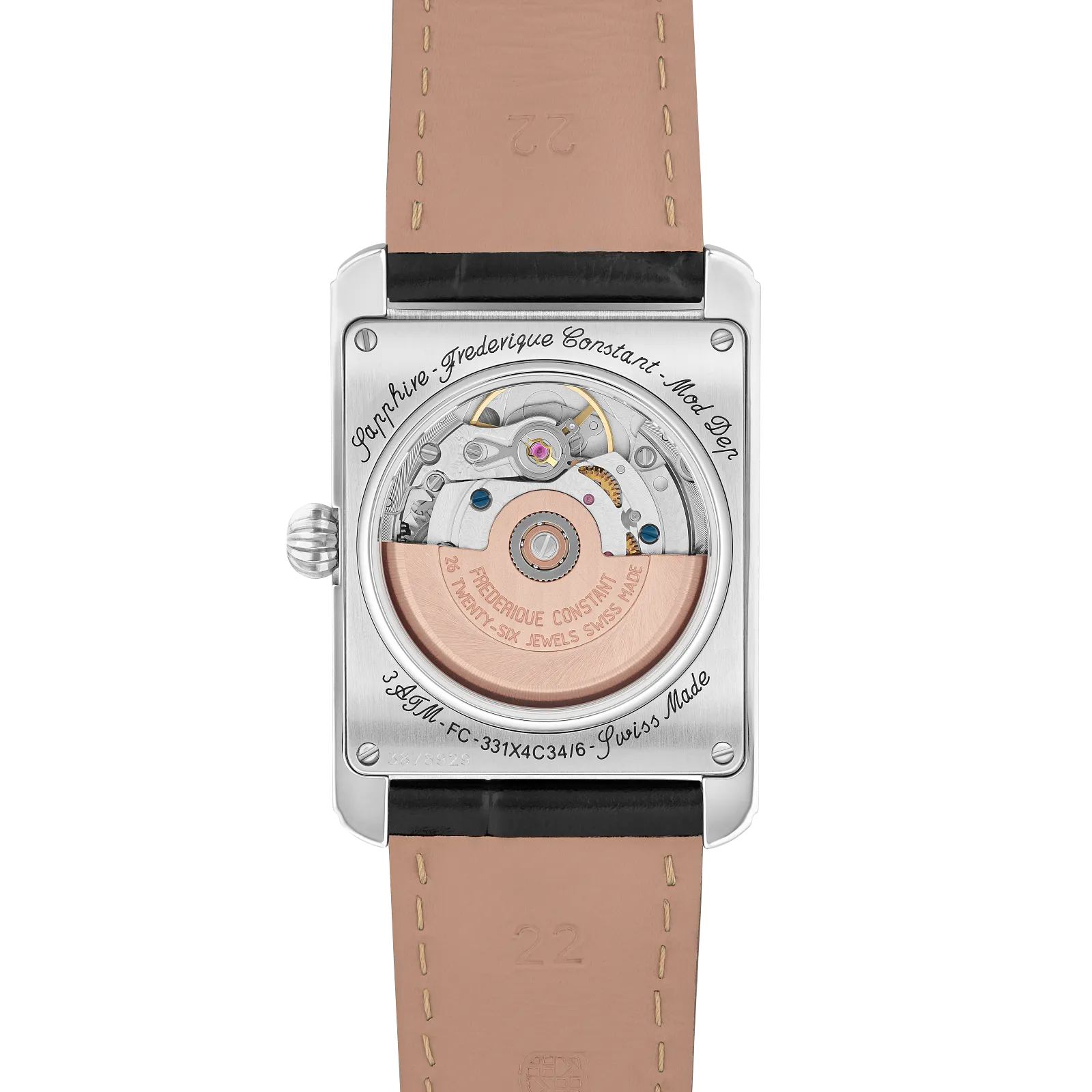 Exhibition caseback showing the automatic movement with a tan leather strap lining.