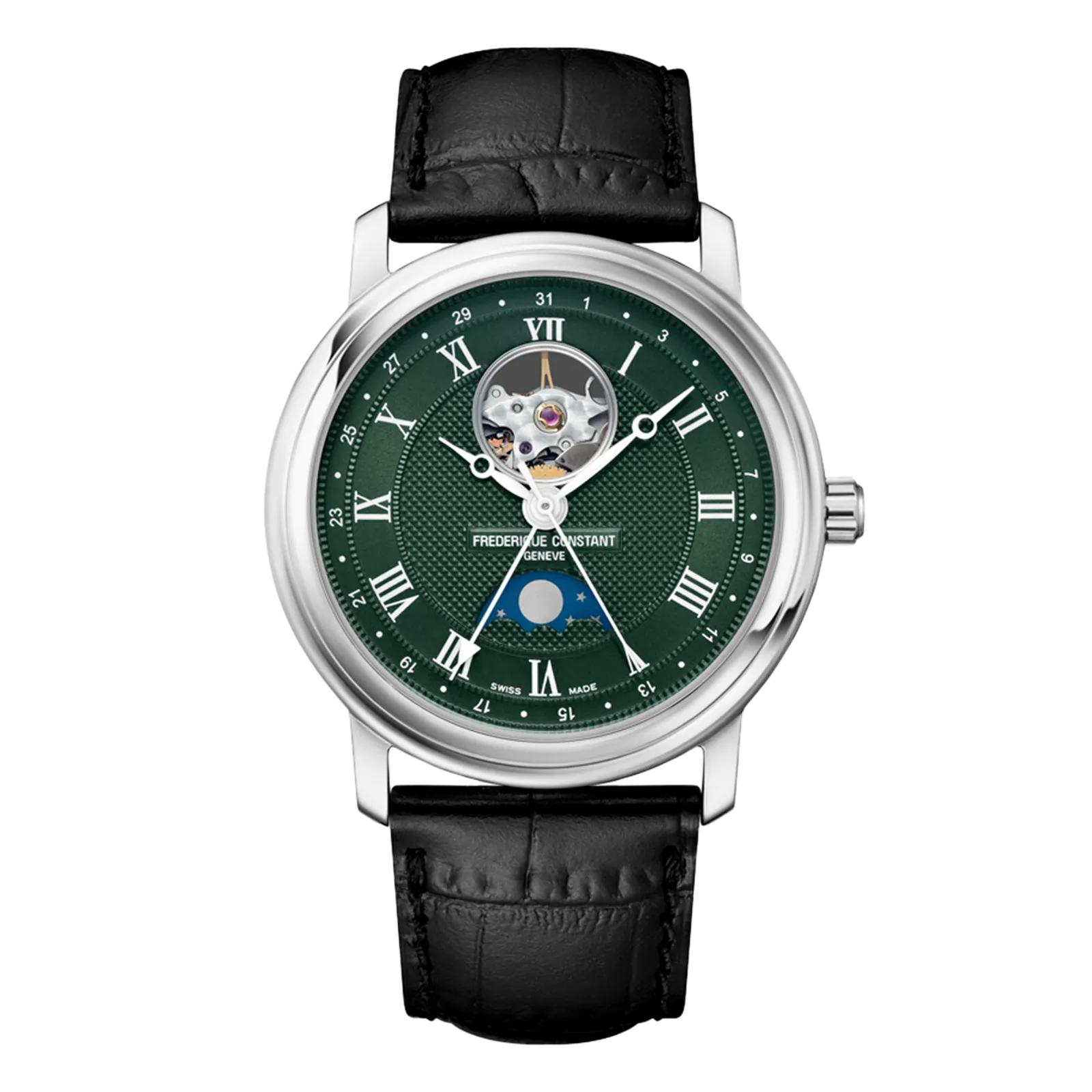 Silver watch with a forest green dial, open-heart window, moonphase complication, and black leather strap.