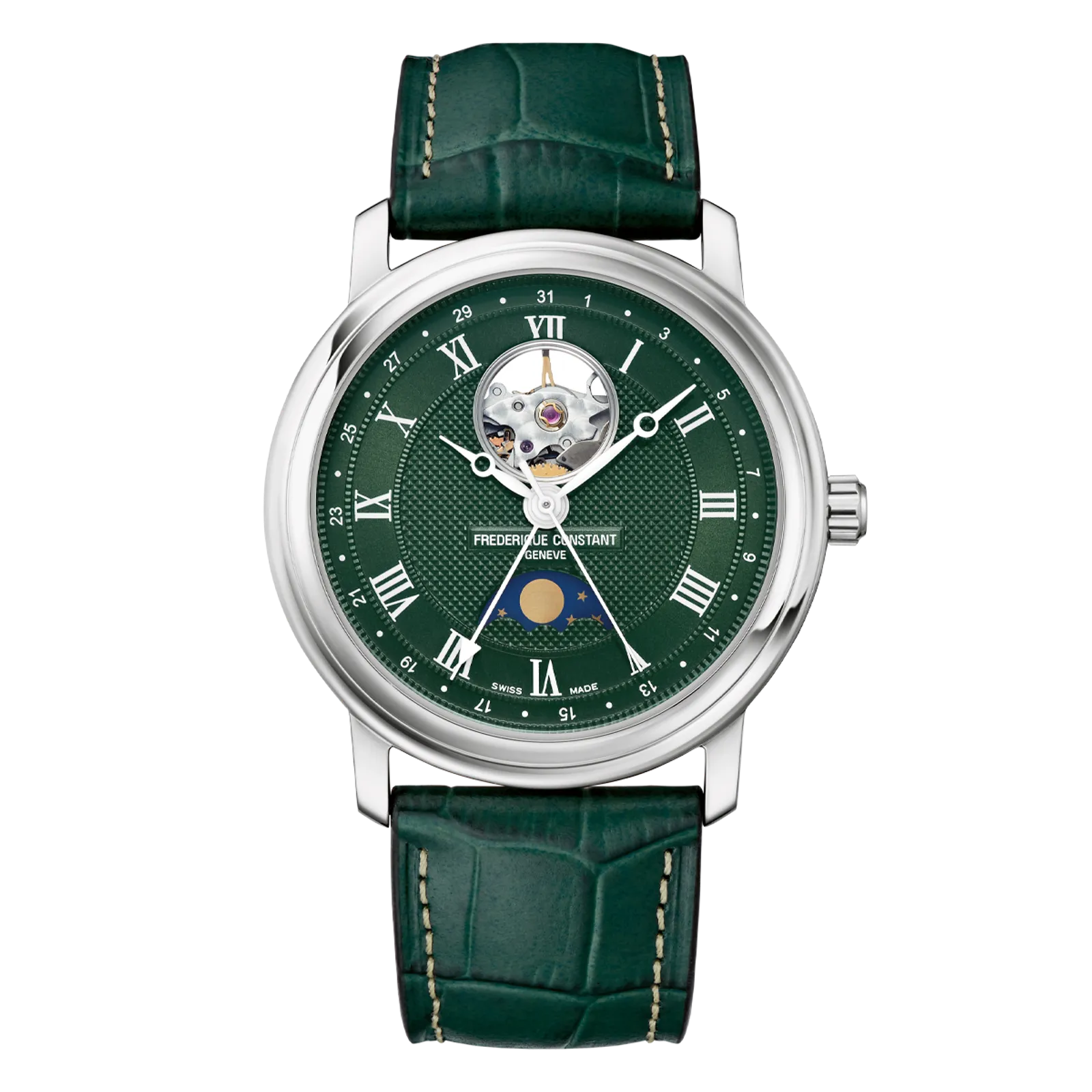 Front view of Frederique Constant watch with an emerald green dial, moonphase display, and matching green leather strap.