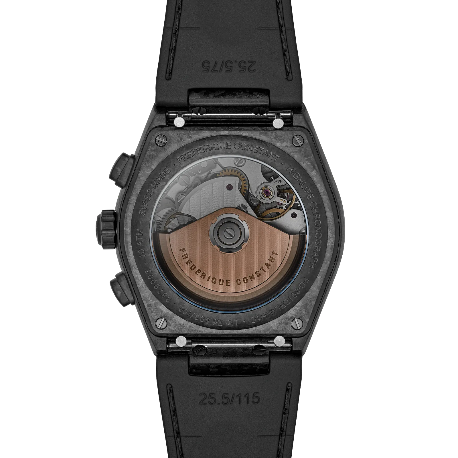 Exhibition case back revealing a dark automatic movement and rose gold-tone rotor.
