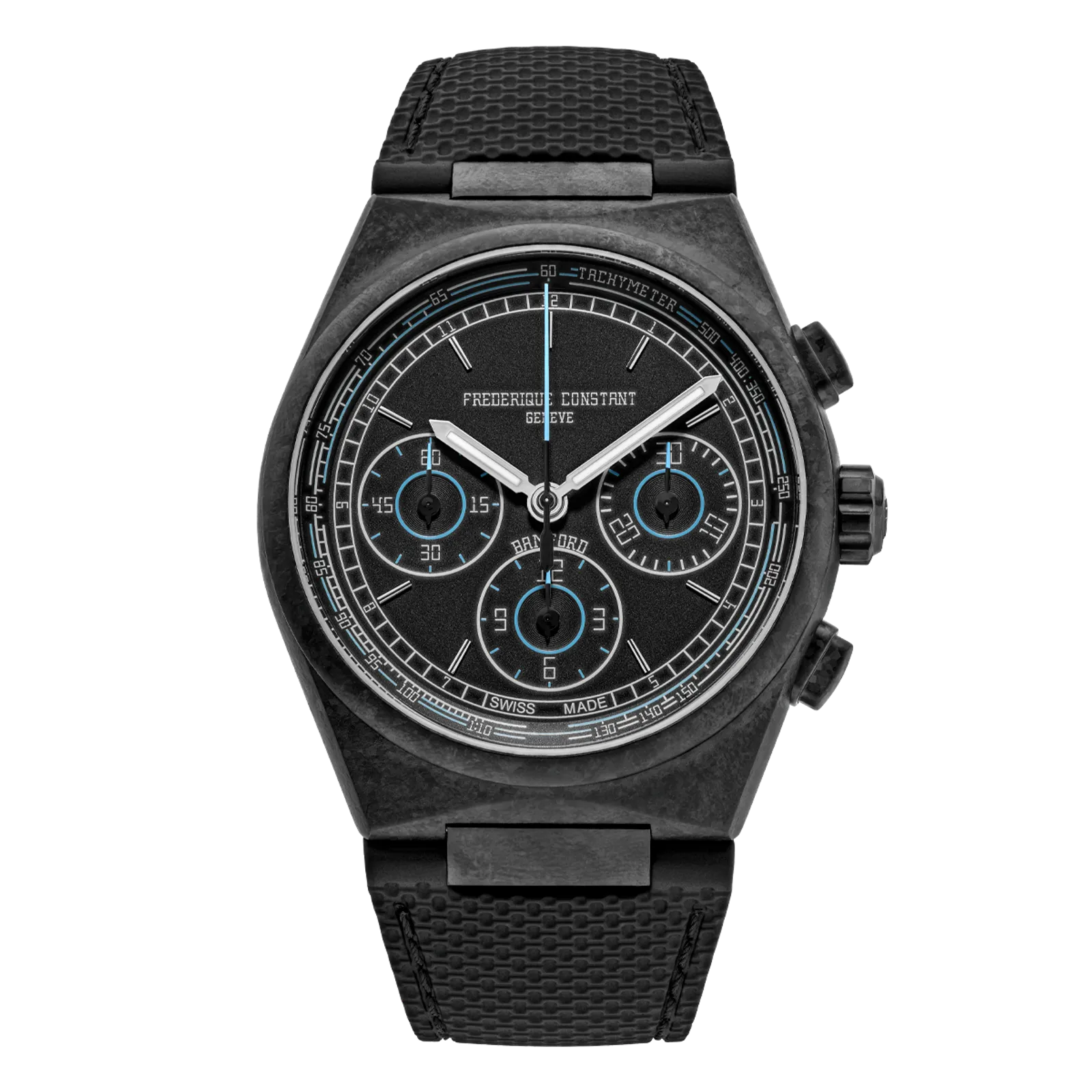All-black matte chronograph watch with a textured black dial, blue accents, and a black rubber strap.