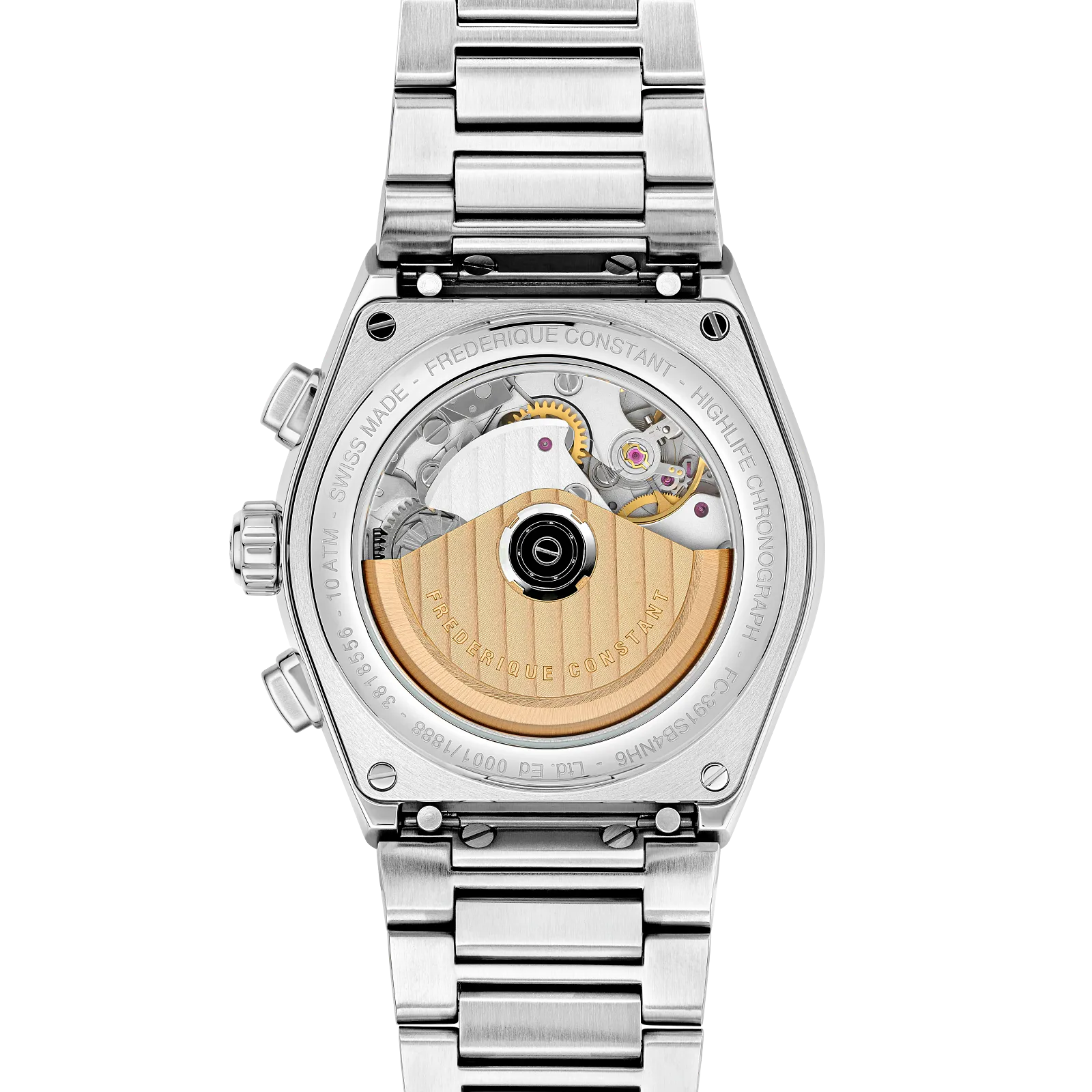 Exhibition case back view showing the automatic movement and rose gold rotor.