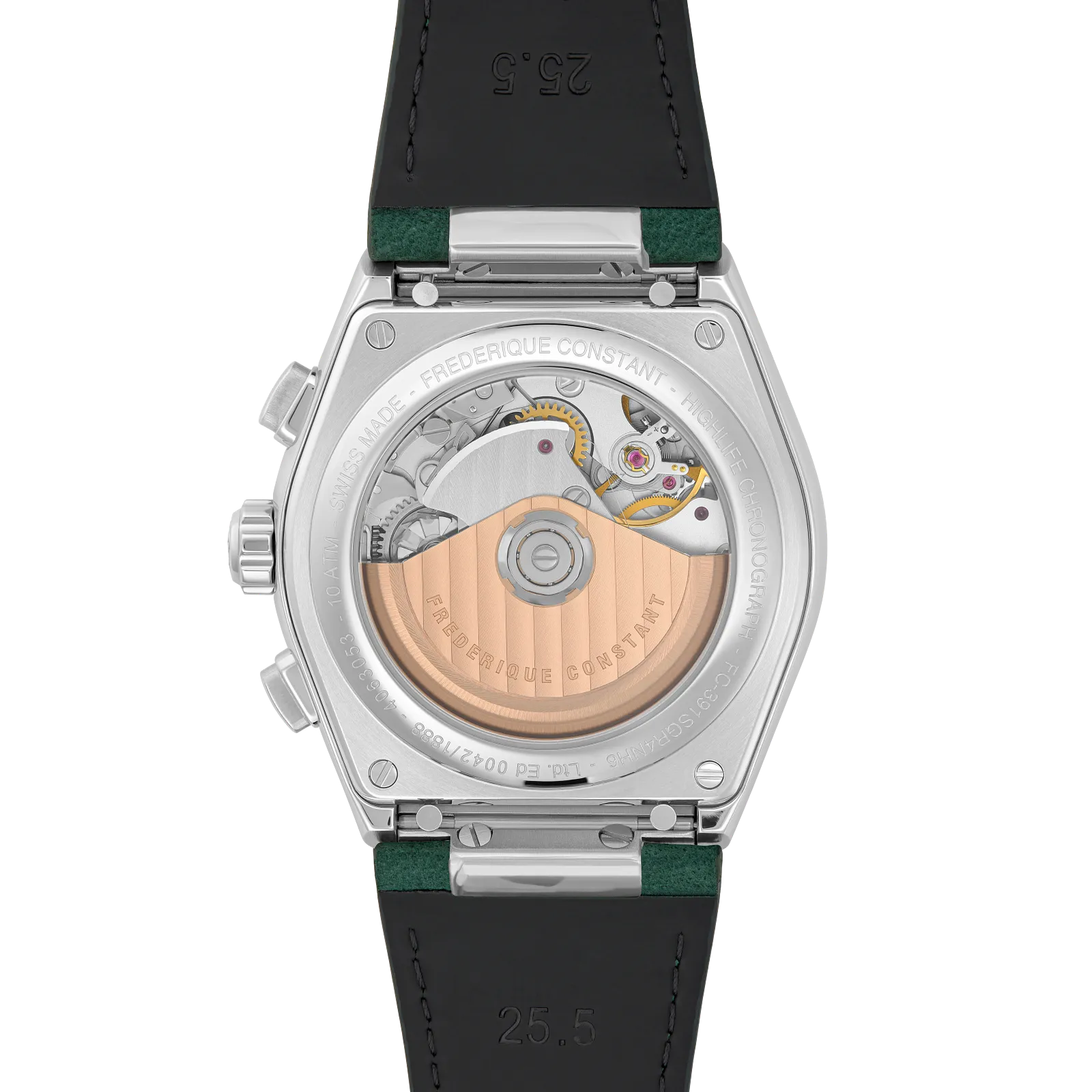 Exhibition case back view showing the automatic movement and rose gold rotor.