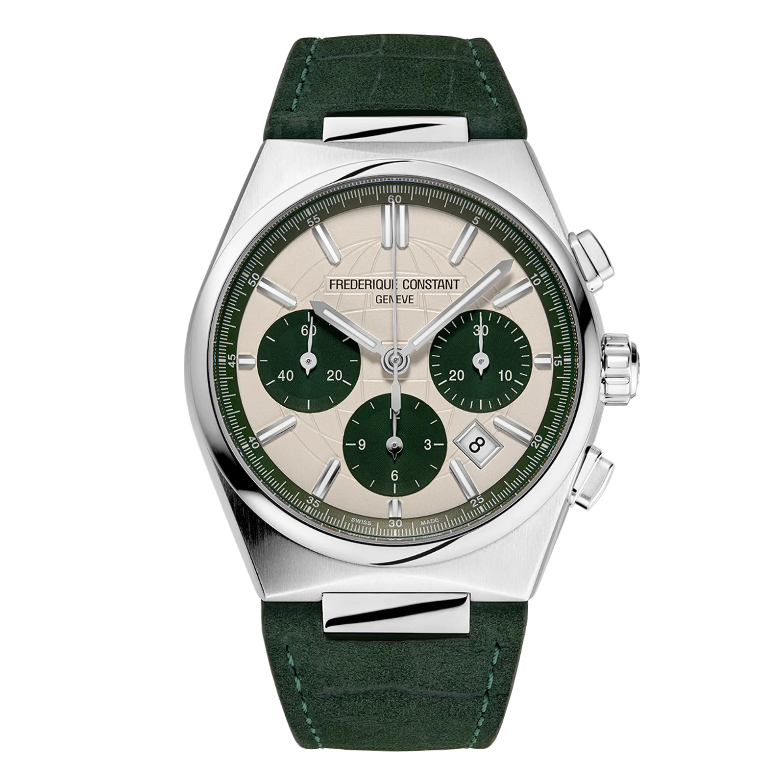Front view of a Frederique Constant Highlife chronograph with a cream dial and green leather strap.