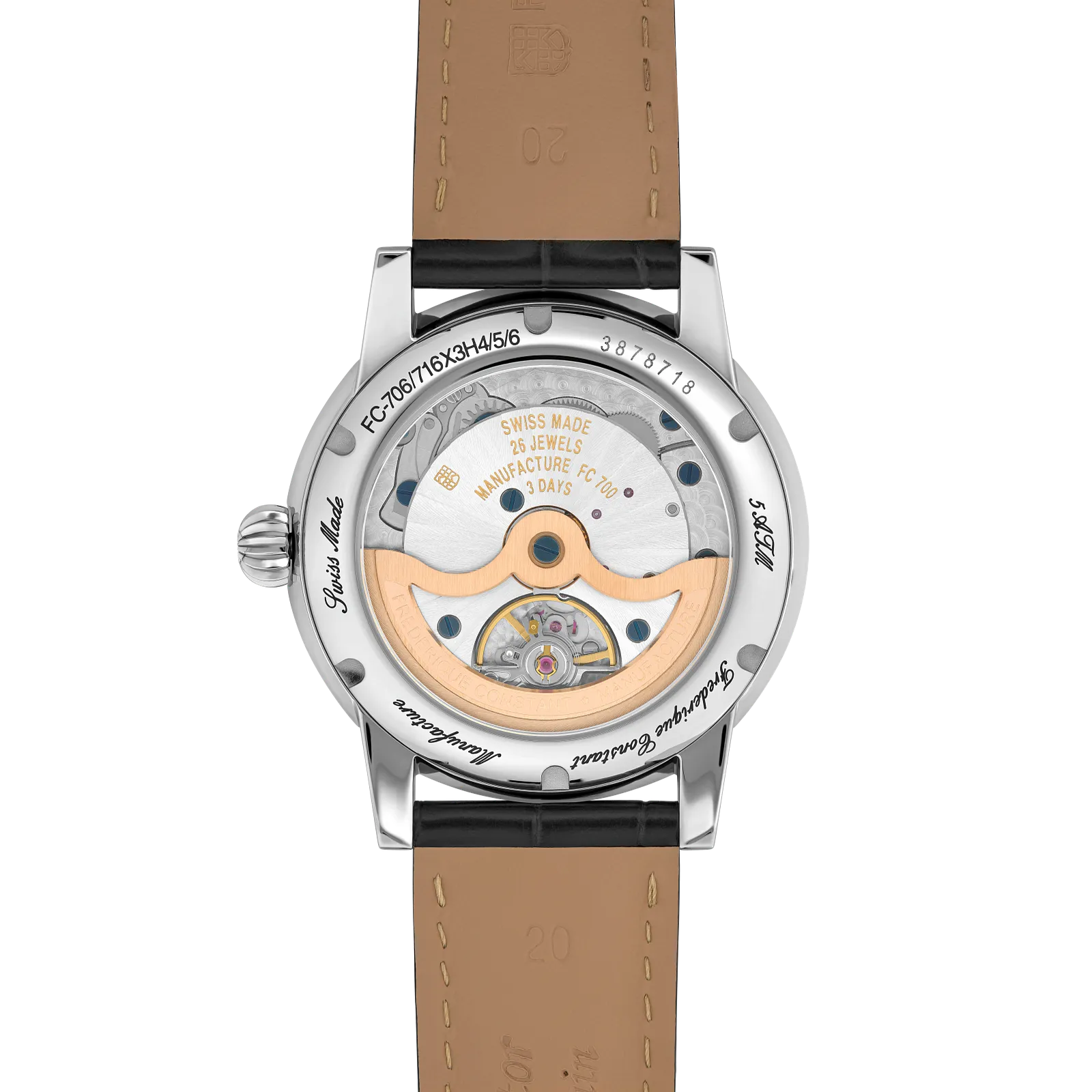 View of the automatic movement through the open sapphire case back.