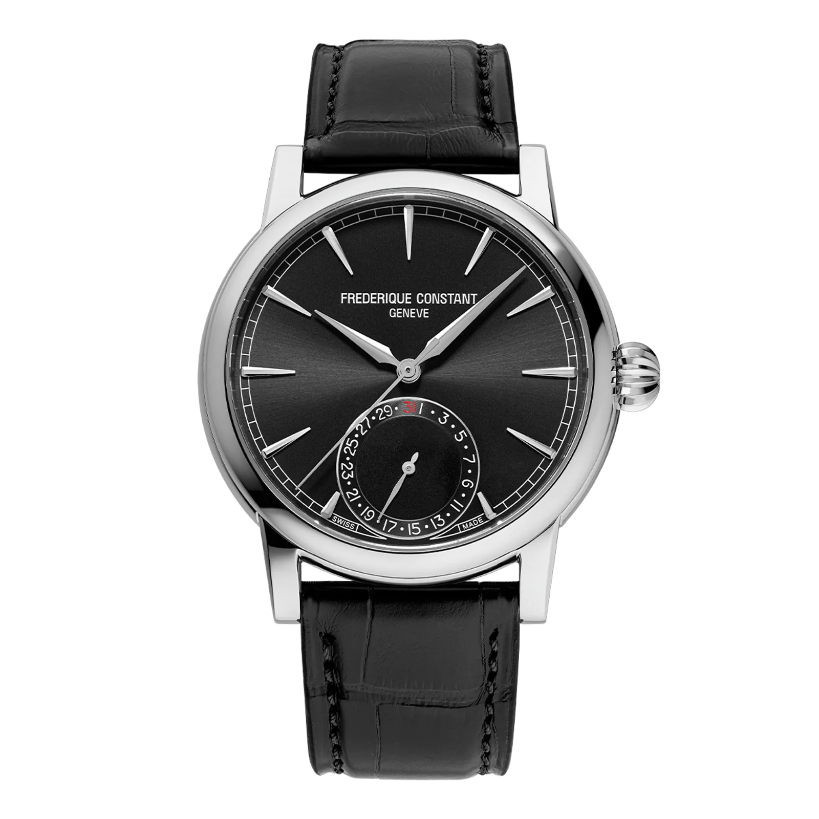 Front view of a Frederique Constant watch with a black dial and leather strap.