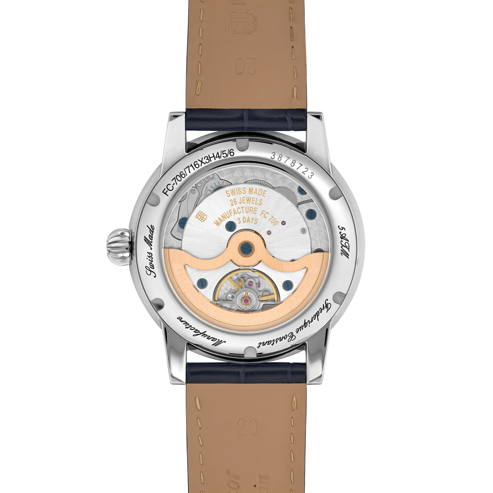 Open case back view showing the automatic movement and rose gold rotor.