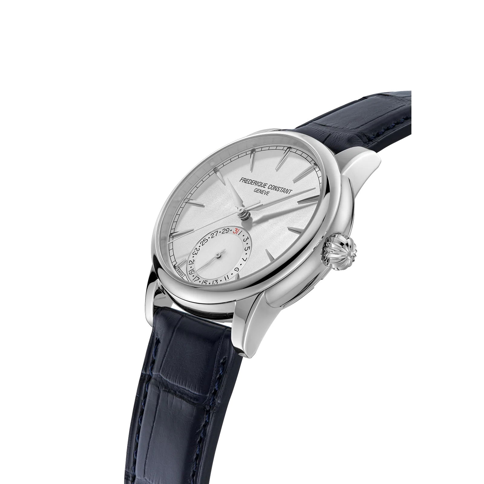 Angled side view highlighting the polished silver case and navy strap.