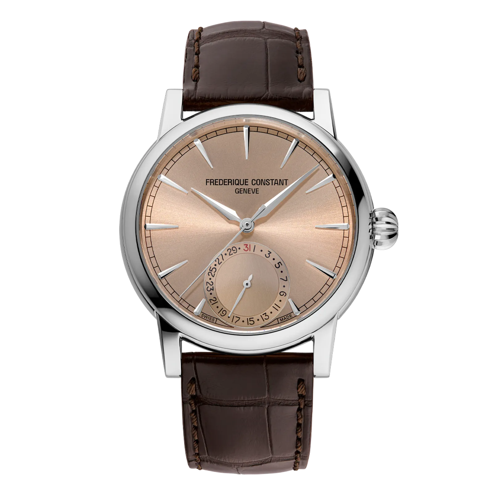 Front view of a Frederique Constant watch with a copper dial and brown leather strap.