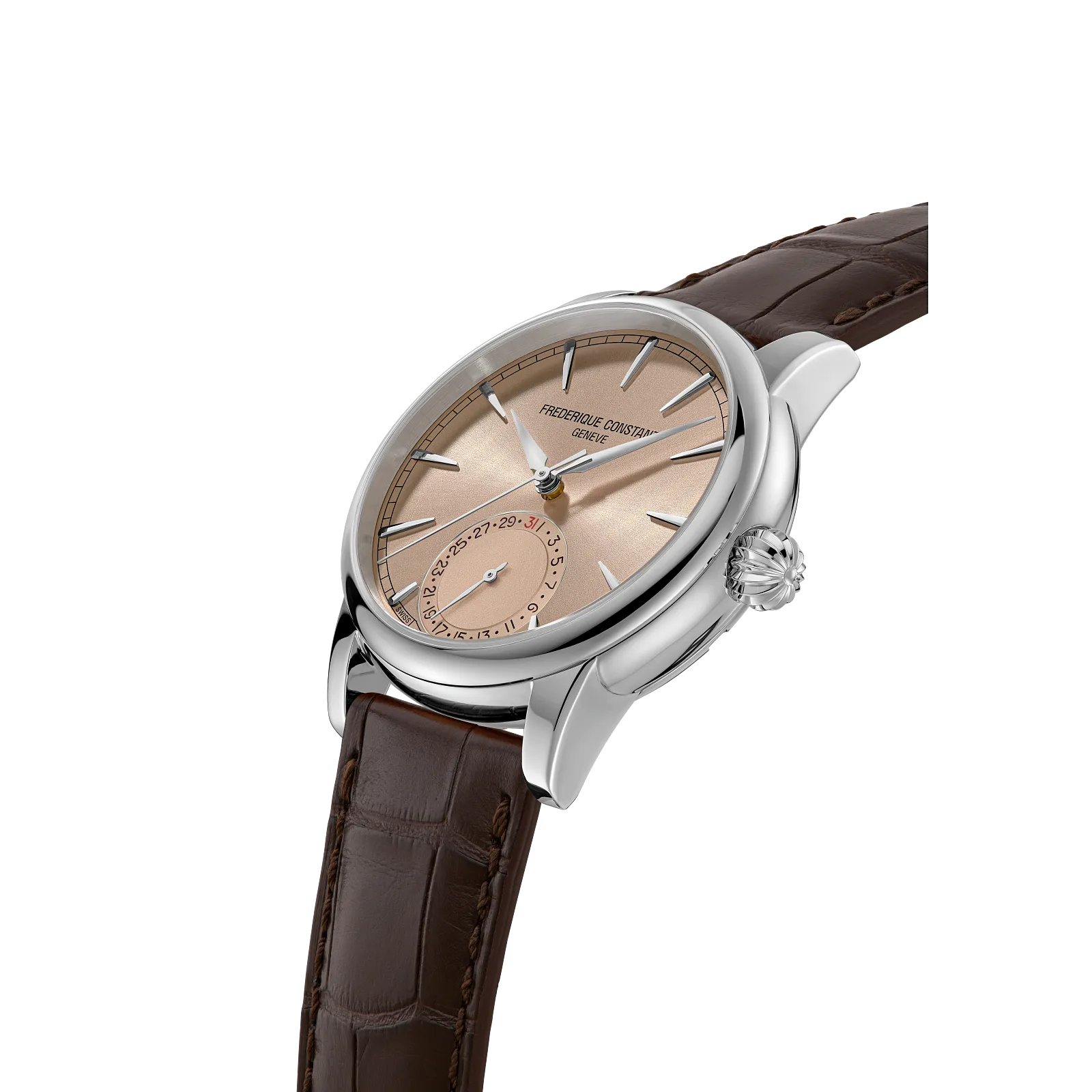 Angled side profile showing the polished steel case and sunray dial.