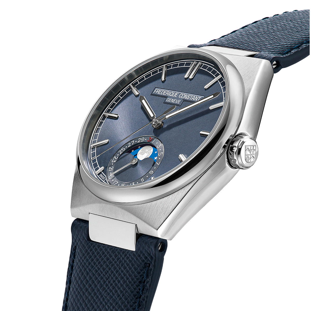Frederique Constant Manufacture Highlife Moonphase Date Sunray Blue 39mm FC716BL3NH6 dial closeup side view