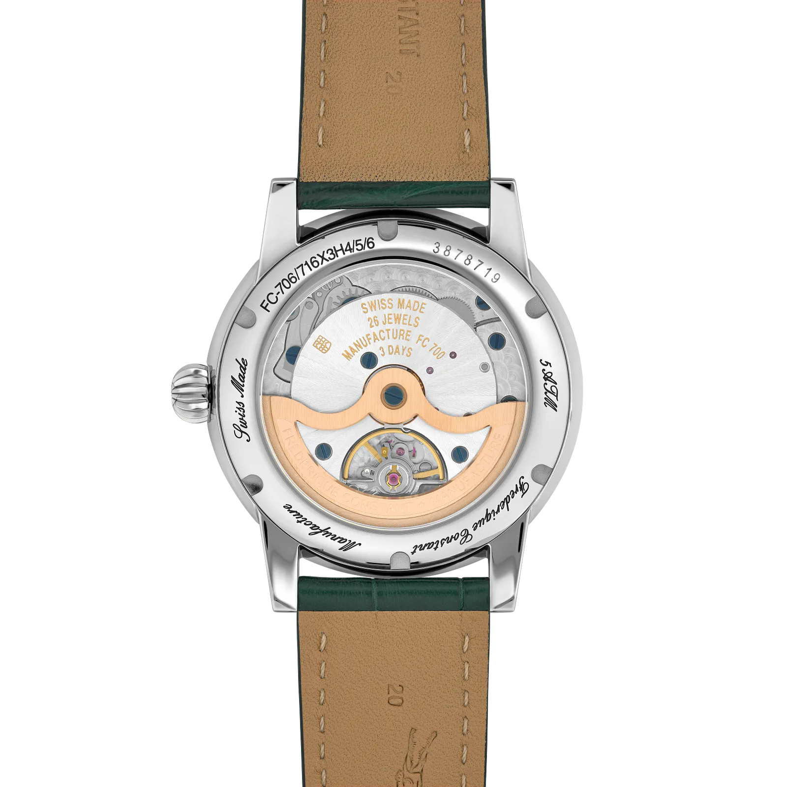 Exhibition caseback showing automatic manufacture movement and gold rotor.