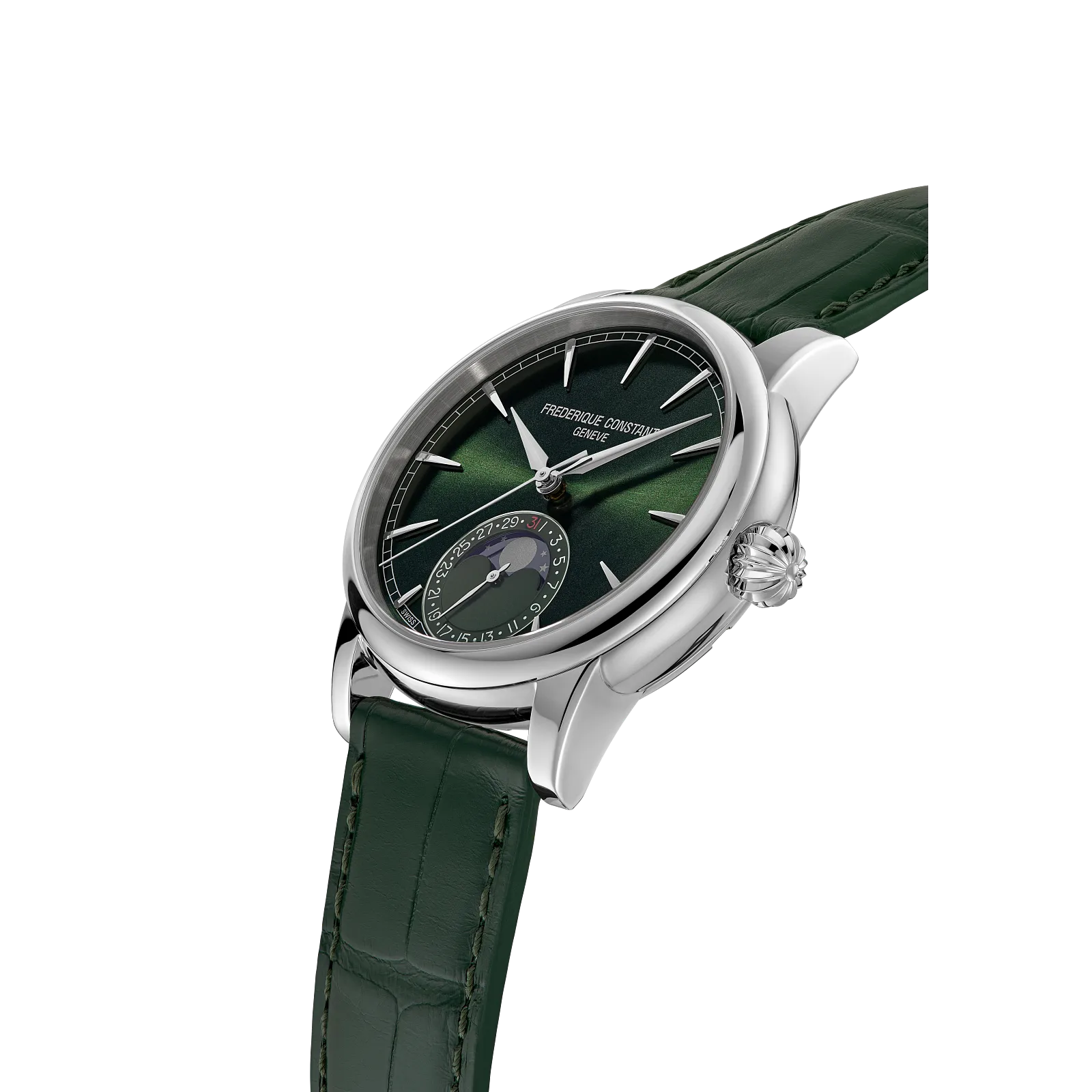 Angled profile of luxury silver watch with green moonphase dial.