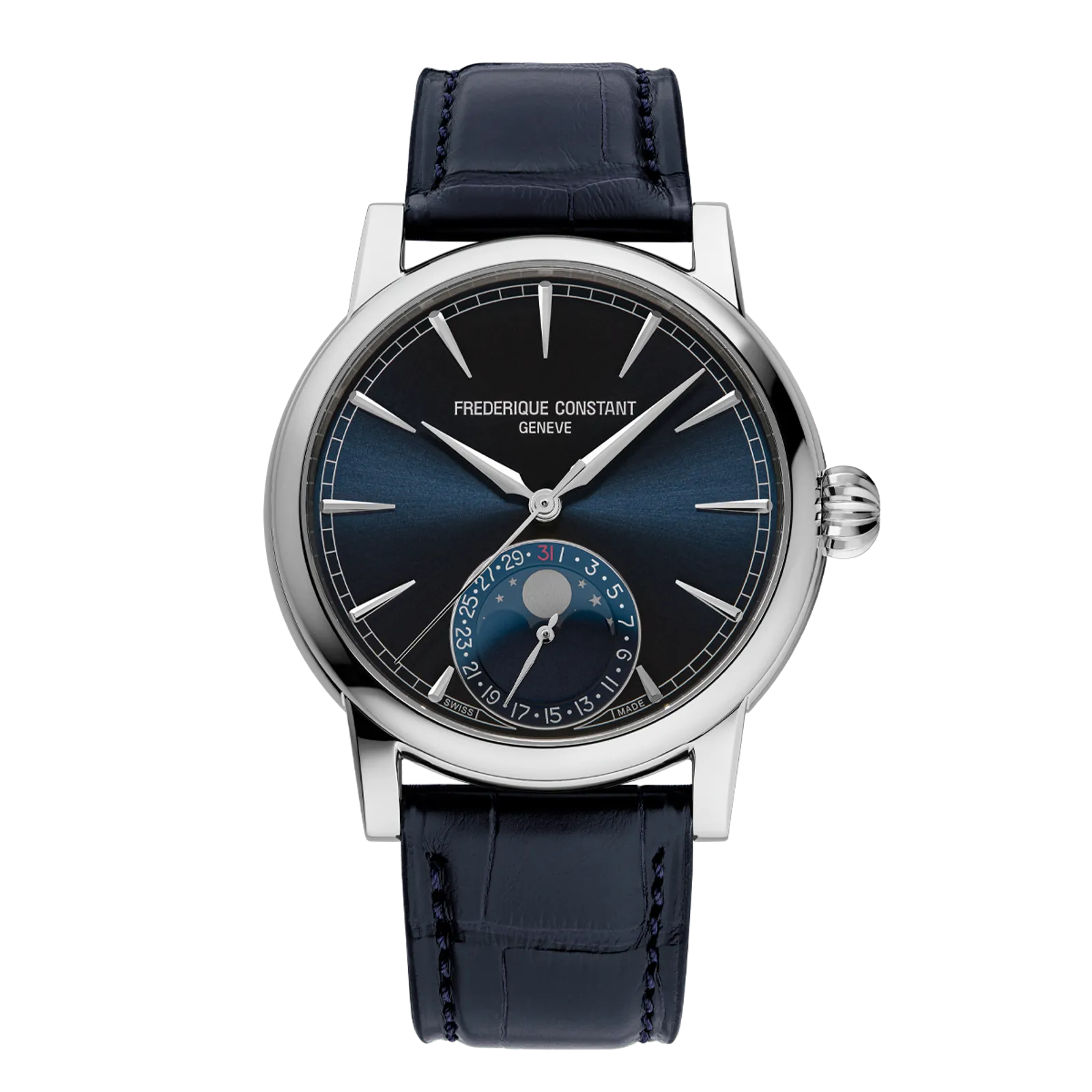 Frederique Constant Manufacture Slimline Moonphase, blue dial, navy alligator strap.