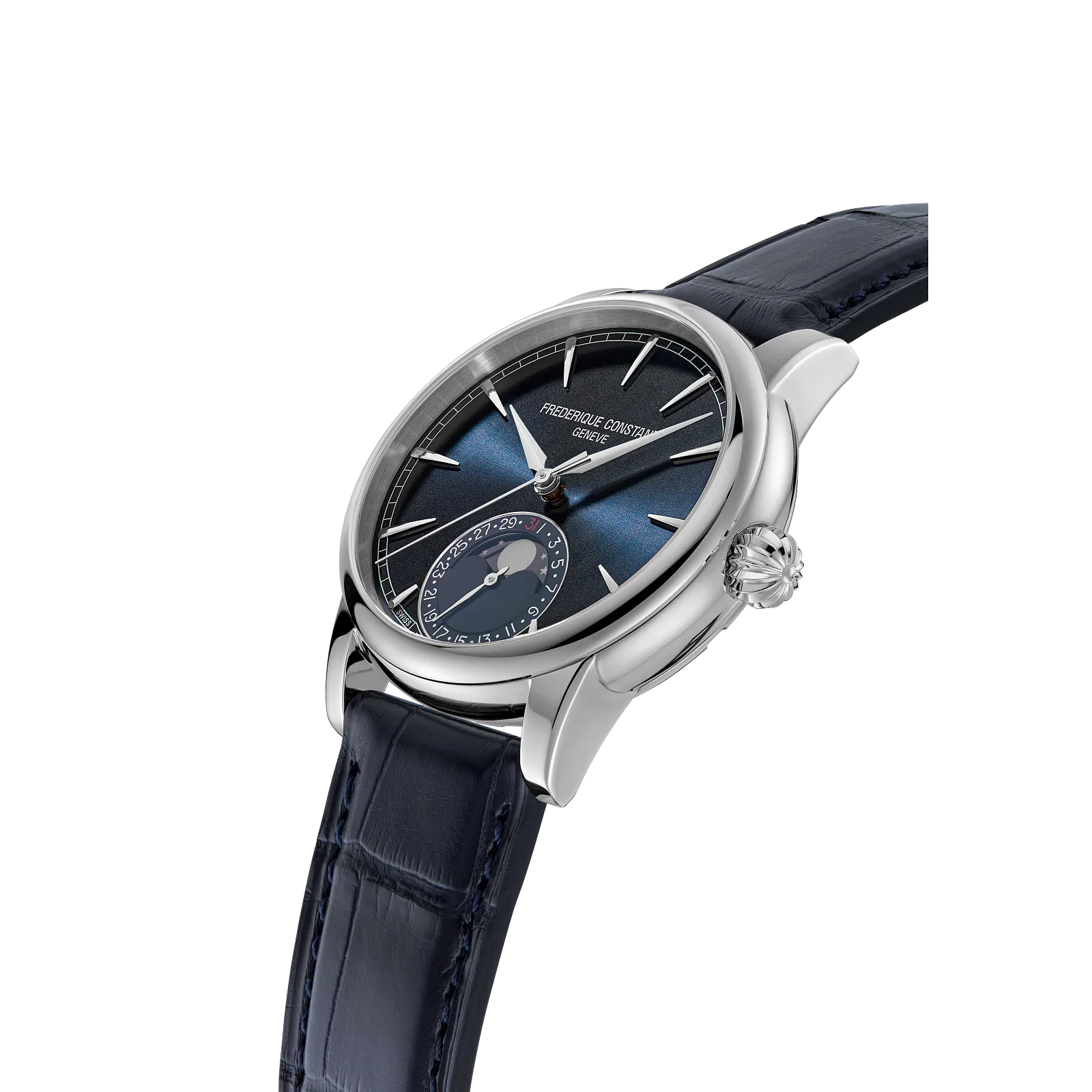 Angled profile of a luxury steel watch with a blue moonphase dial.