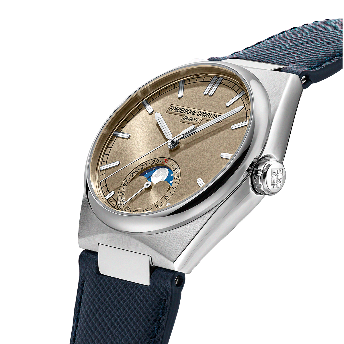 Frederique Constant Manufacture Highlife Moonphase Date Champagne Rose 39mm FC716RG3NH6 dial closeup side view