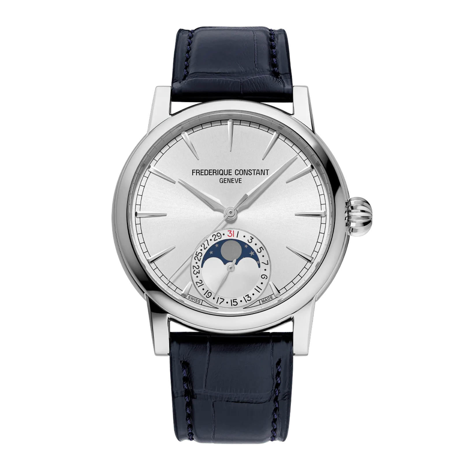 Front view of a Frederique Constant watch with a silver sunray dial and navy leather strap.
