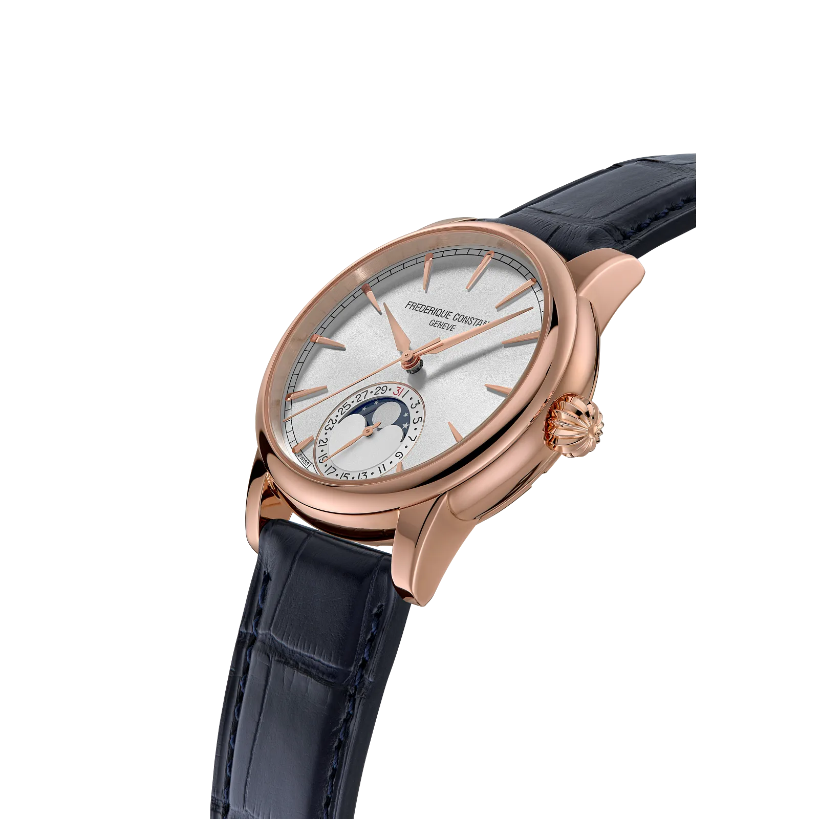 Angled profile of a rose gold luxury watch with a silver moonphase dial.