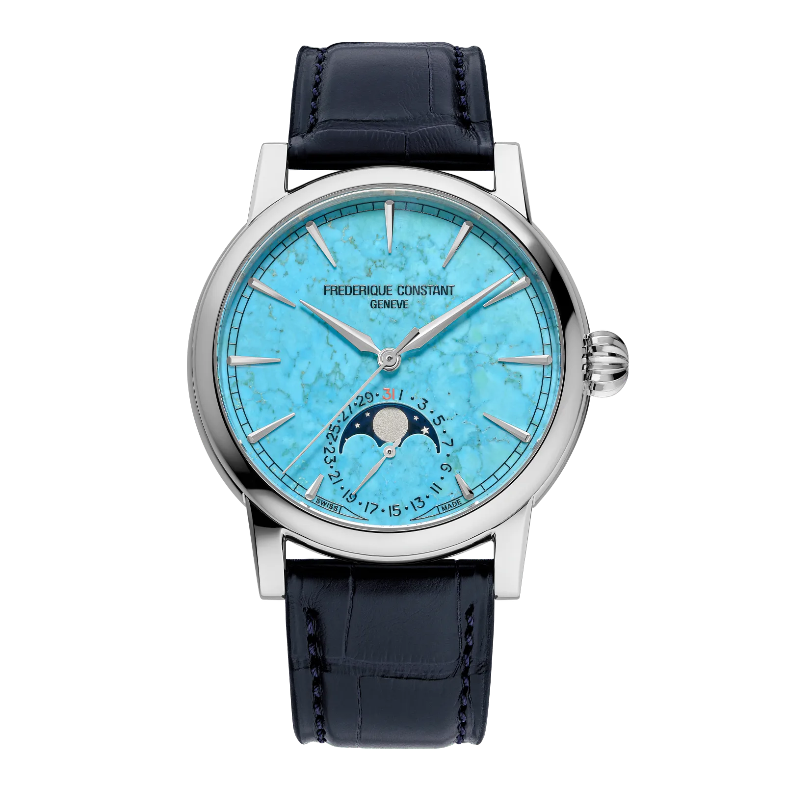 Frontal view of a Frederique Constant moonphase watch with a silver dial and navy leather strap.