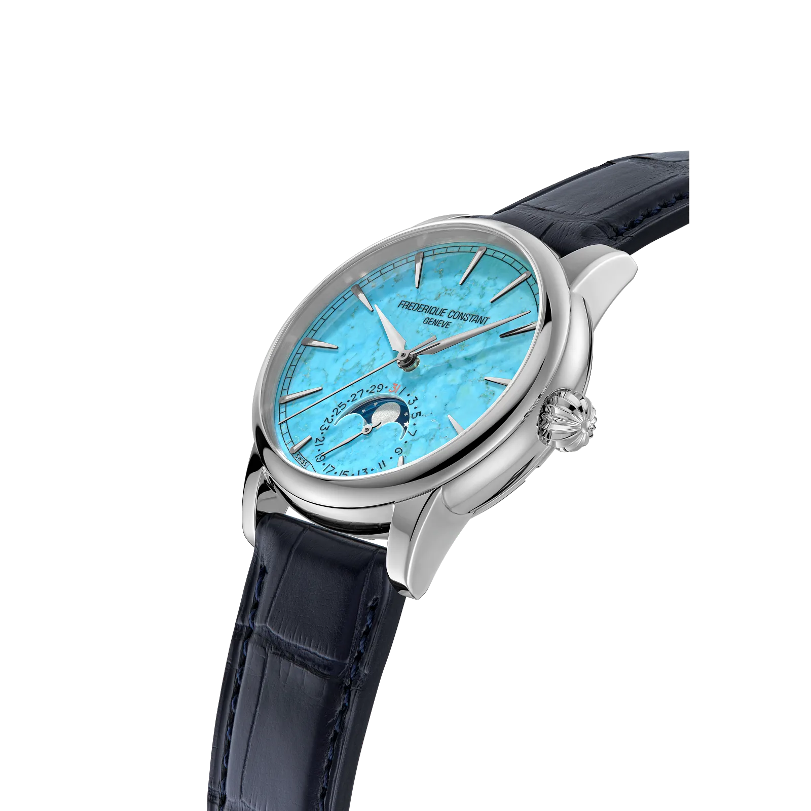 Three-quarter side profile view highlighting the watch's polished silver finish and curved sapphire crystal.