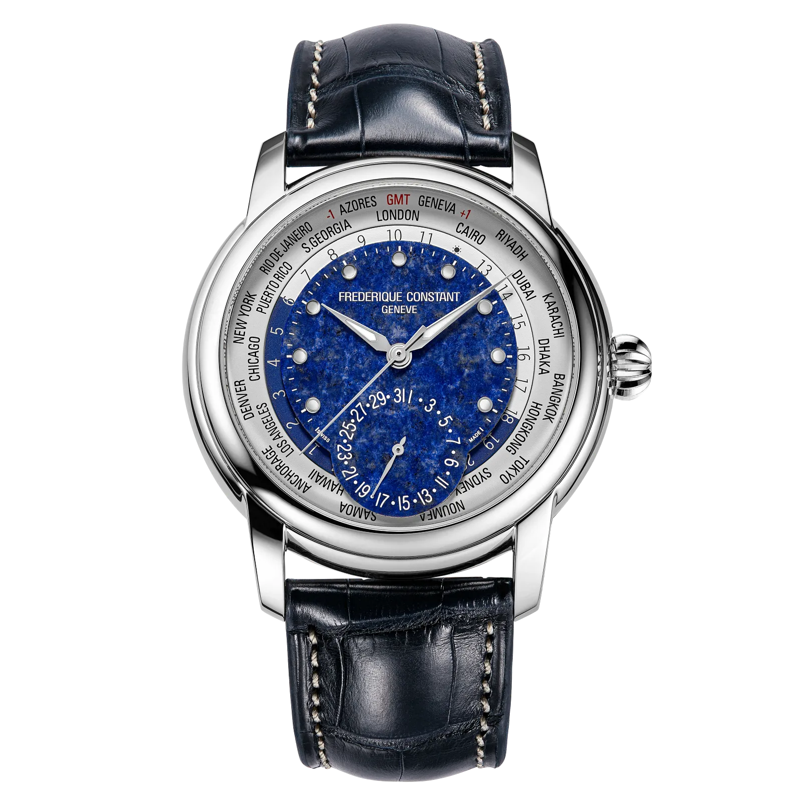 Silver world-timer watch with a celestial blue dial, silver map motif, and dark navy alligator leather strap.