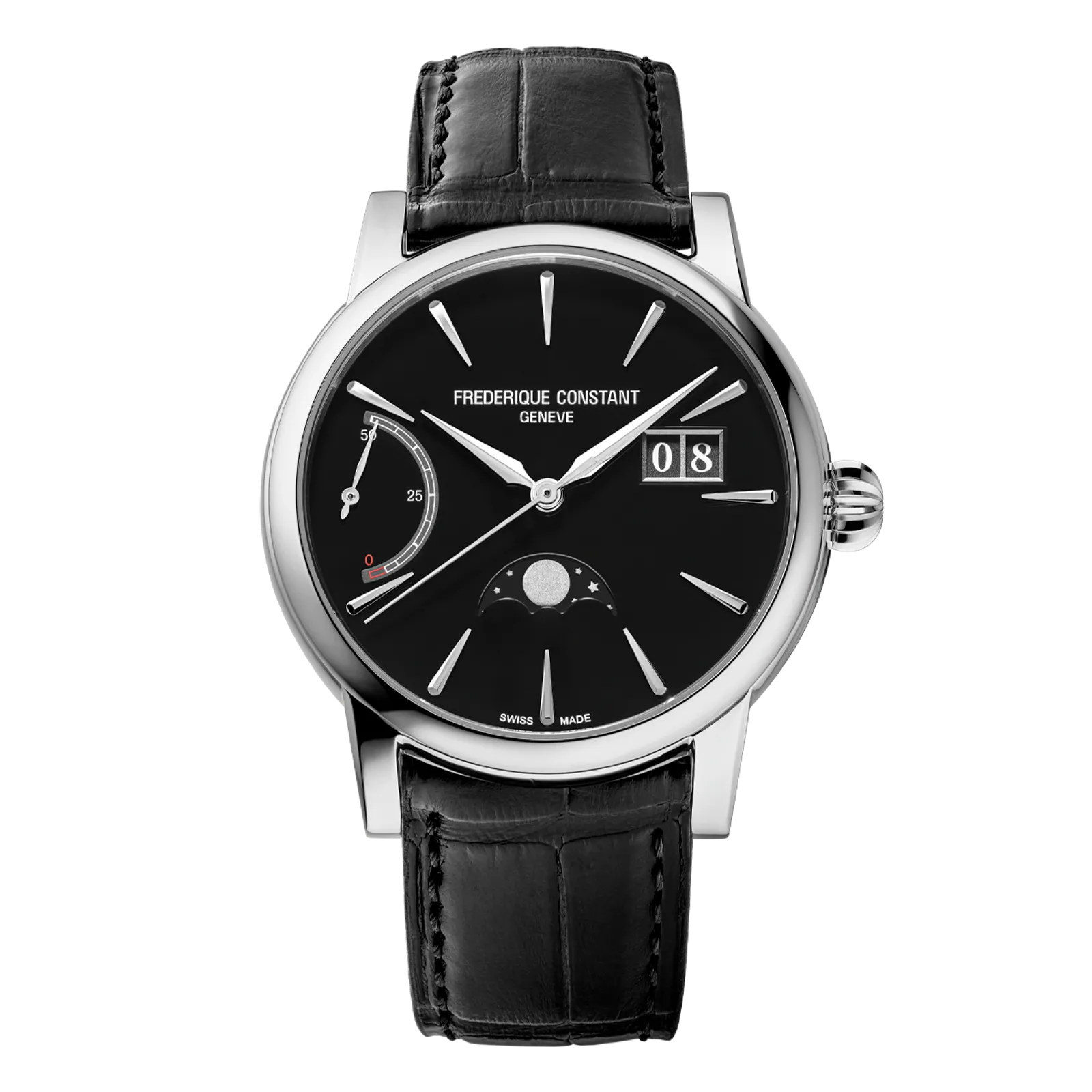 Luxury Frederique Constant watch featuring a black dial, silver case, and black alligator strap.