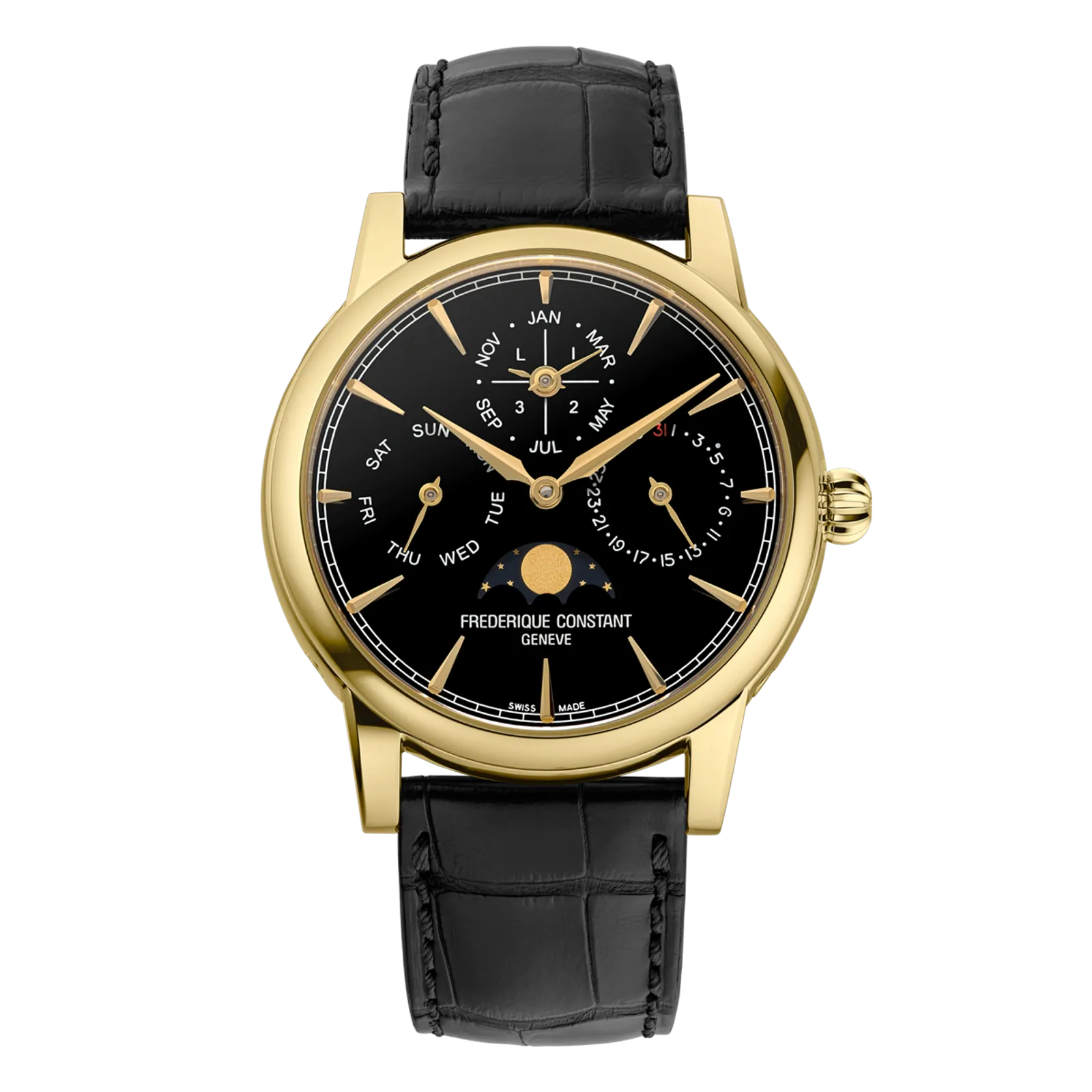 Frederique Constant Slimline Perpetual Calendar, black dial, gold case, black leather strap.