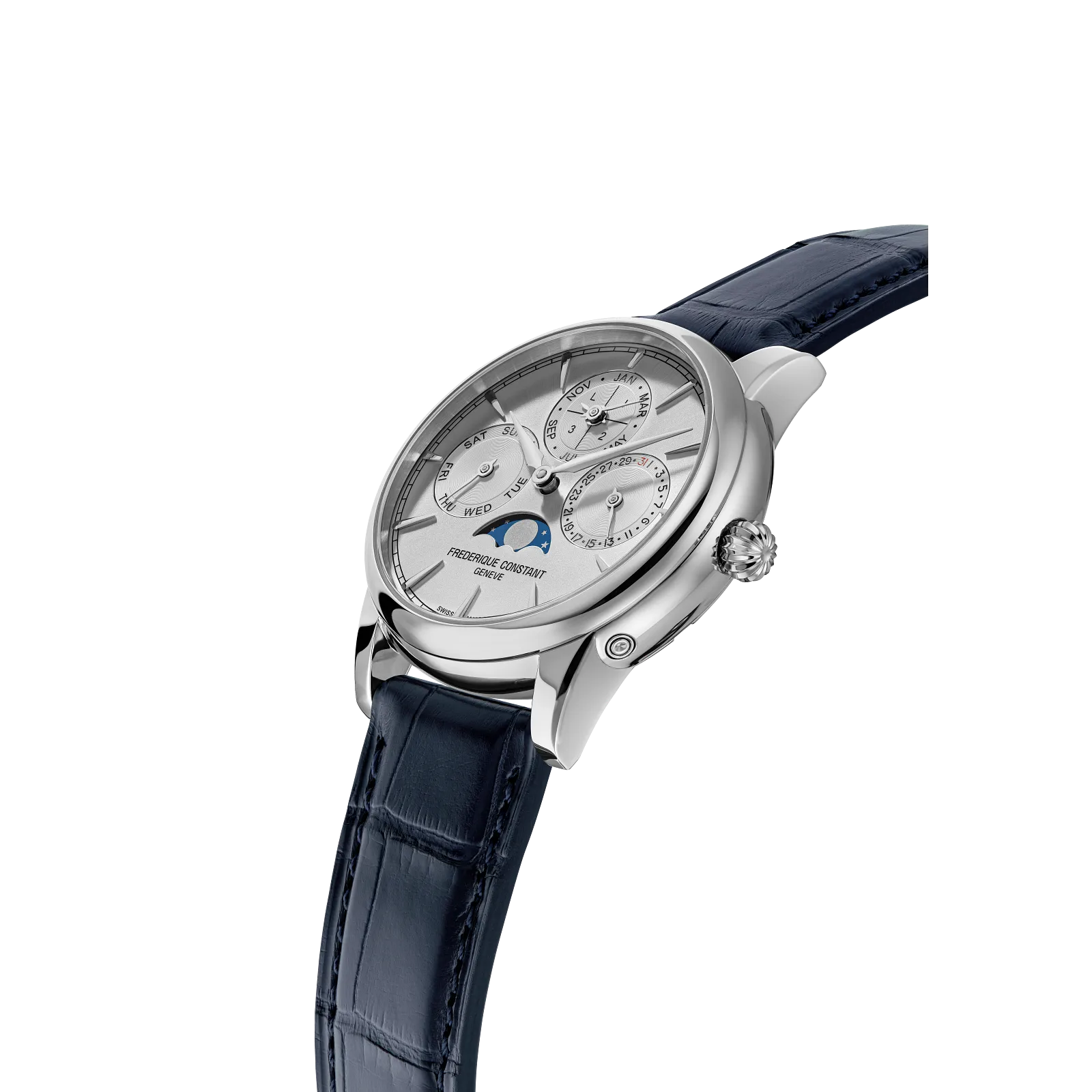 Angled profile of a luxury silver watch with a moonphase complication.