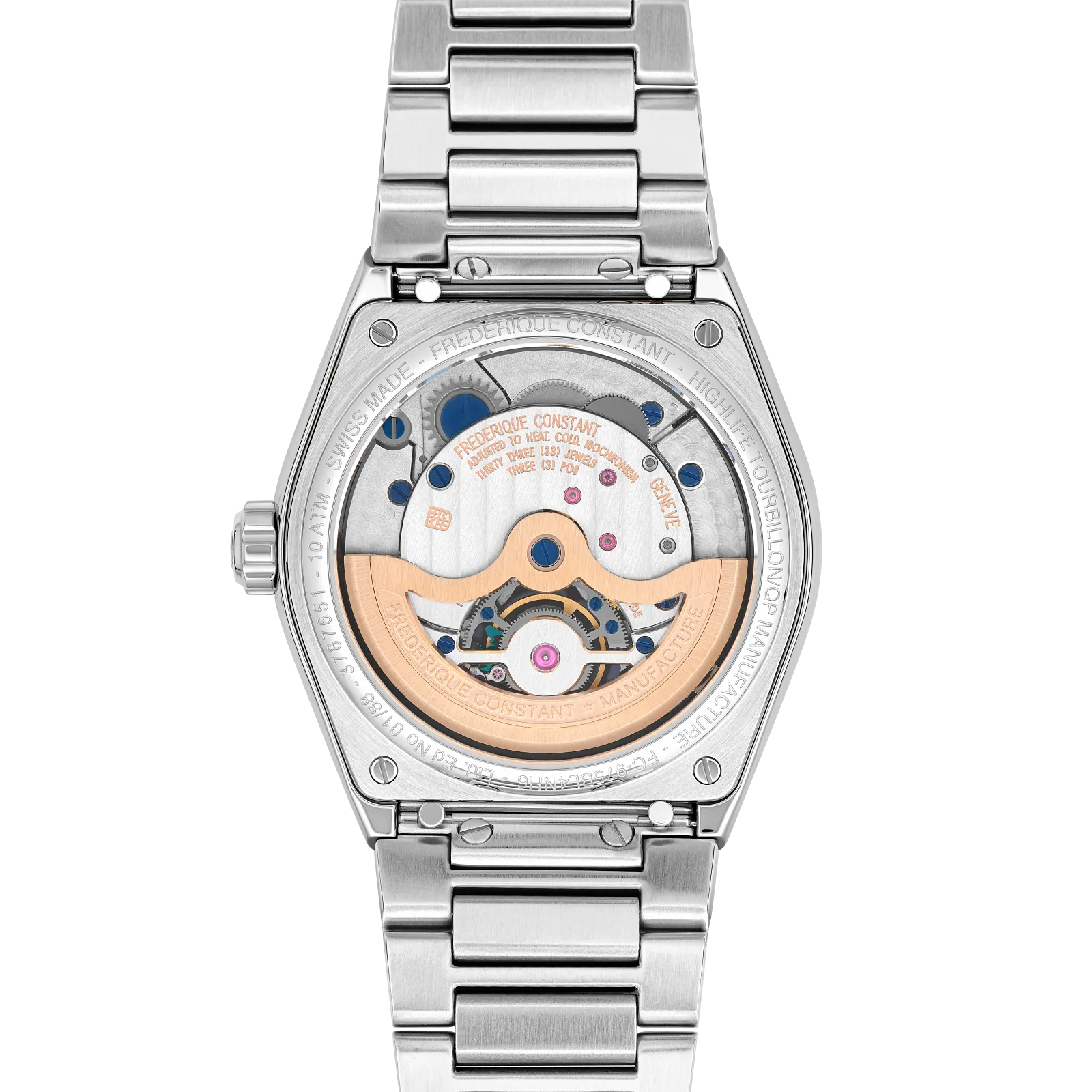 Exhibition caseback showing complicated automatic movement and gold rotor.